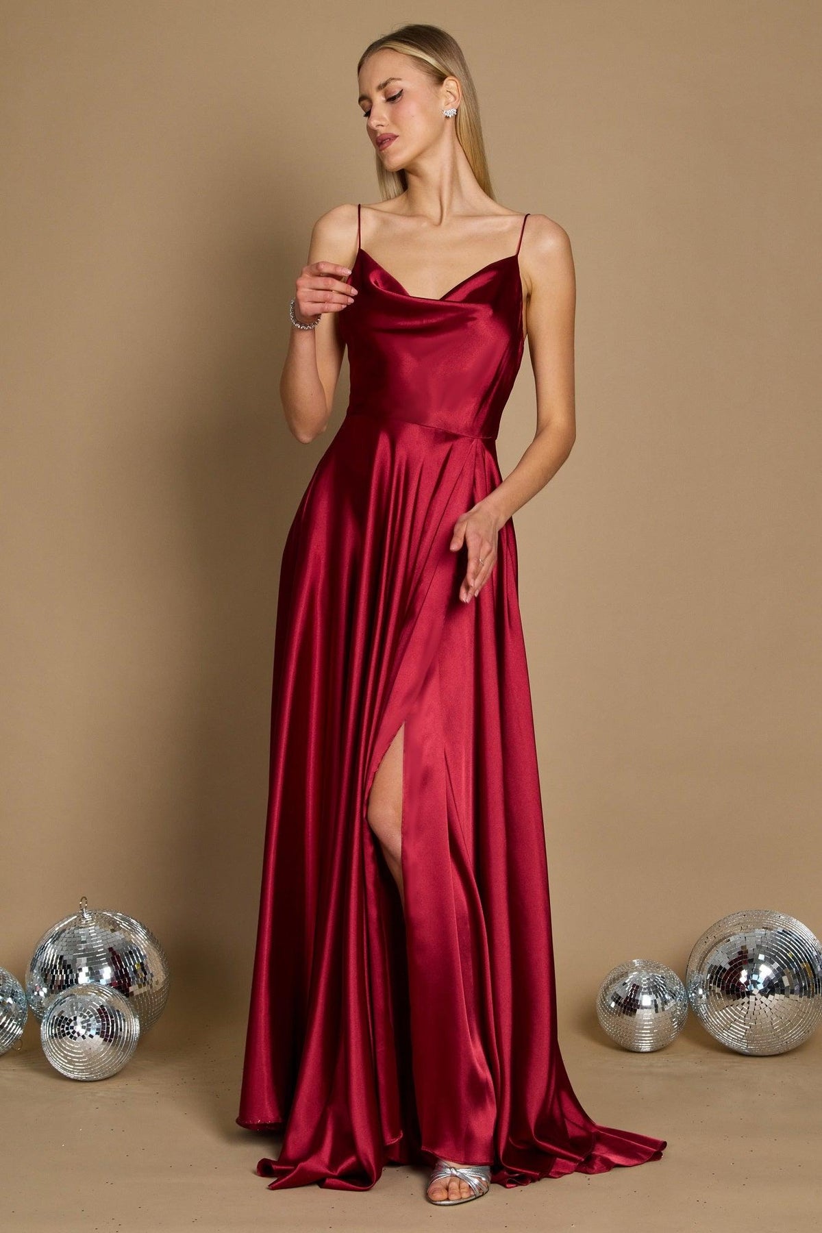 Formal Cowl Neck Spaghetti Strap Party Dress – Burgundy