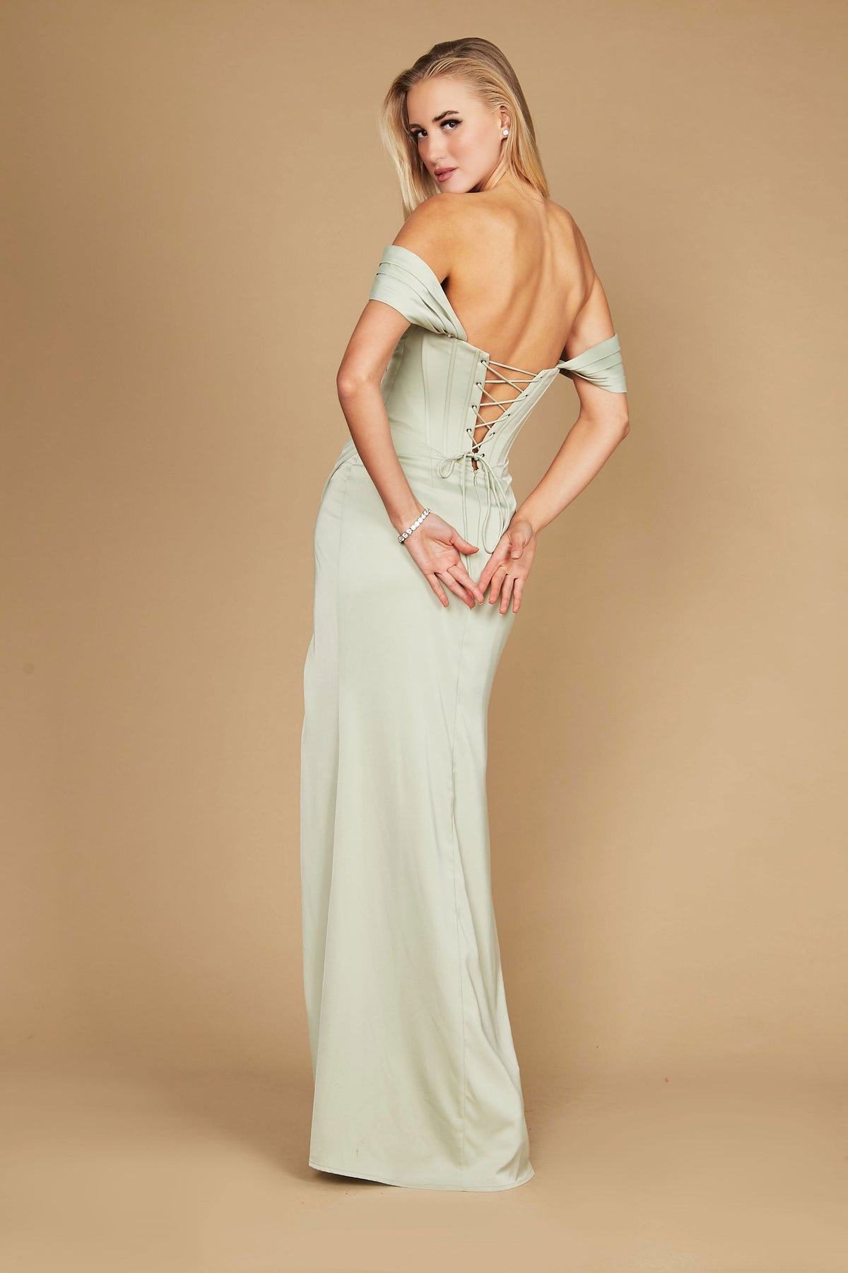Off-the-Shoulder Satin Corset Evening Gown – Teal