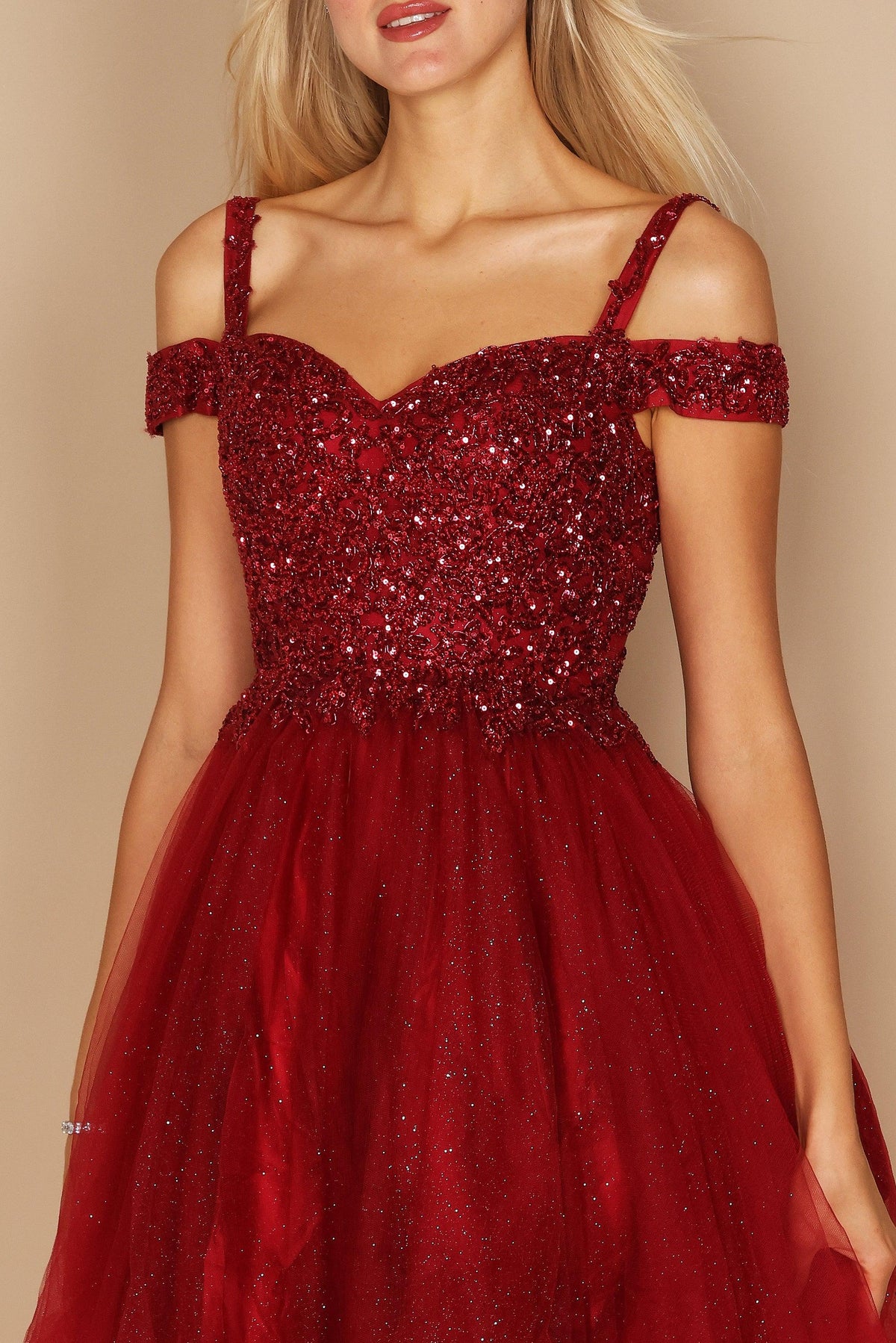 Short Sparkle Off-the-Shoulder Prom Dress – Burgundy