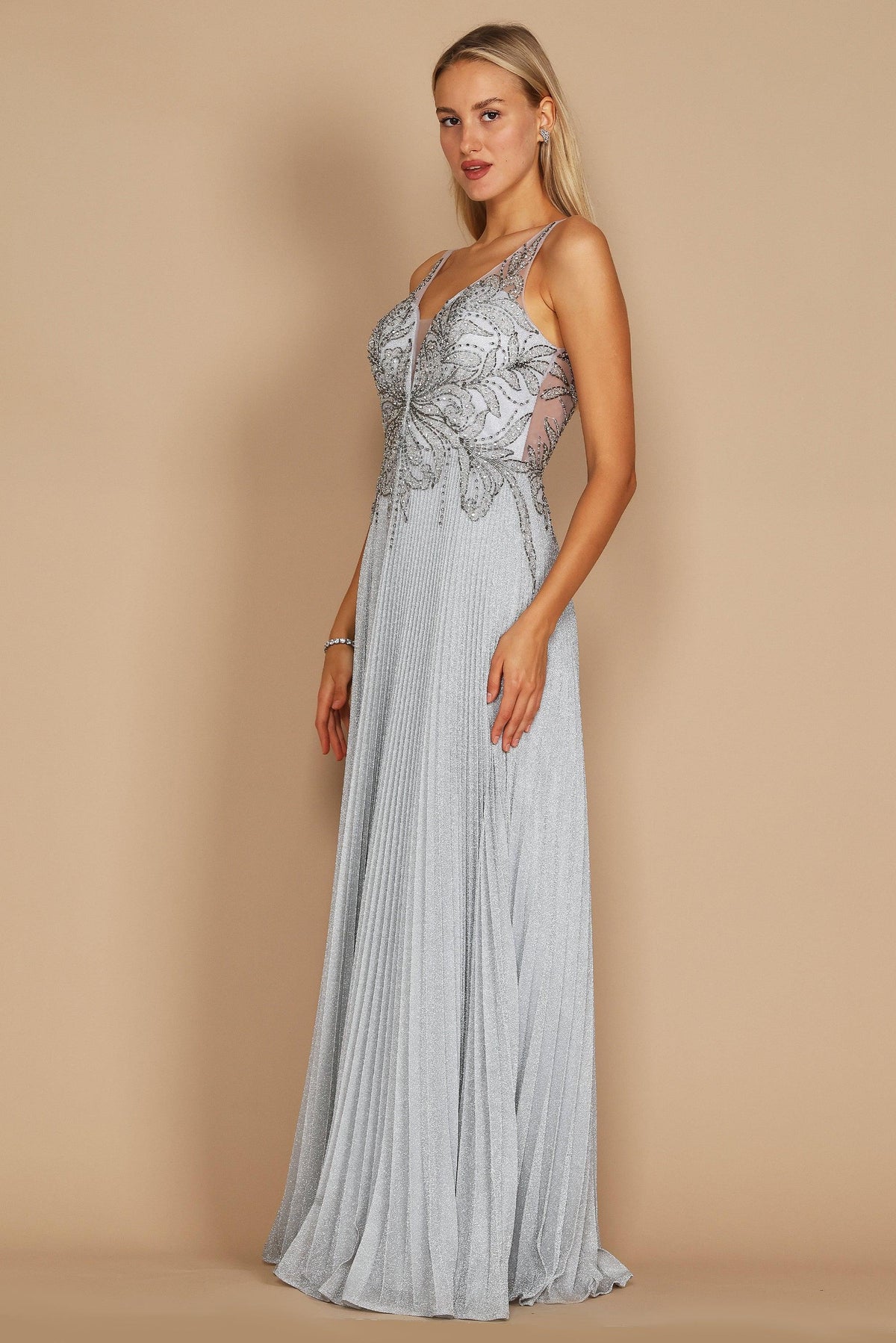 Long Formal Pleated Evening Dress – Rose Gold