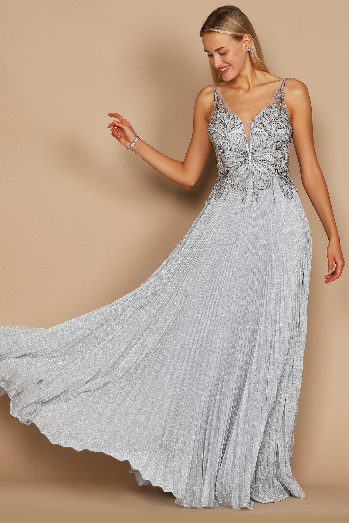 Long Formal Pleated Evening Dress – Rose Gold
