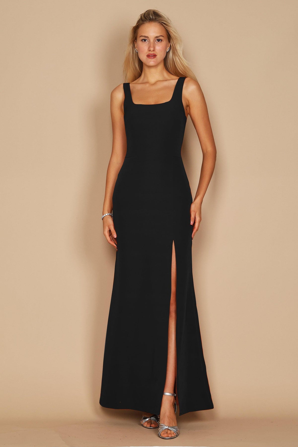 Long Formal Square Neckline Evening Dress – Burgundy