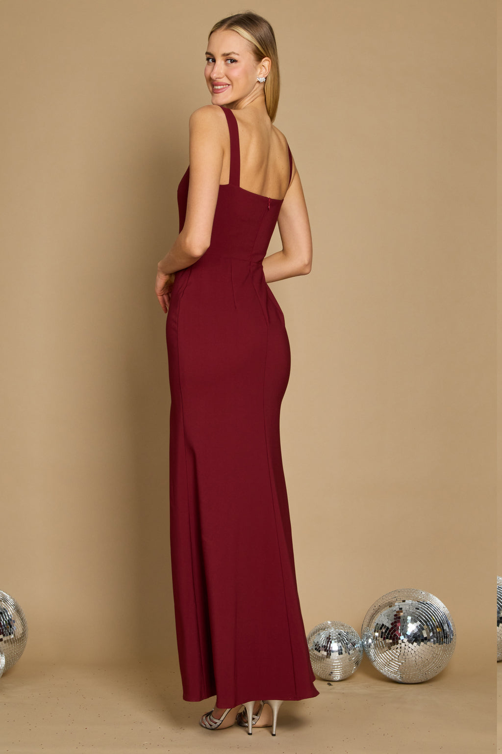 Long Formal Square Neckline Evening Dress – Burgundy