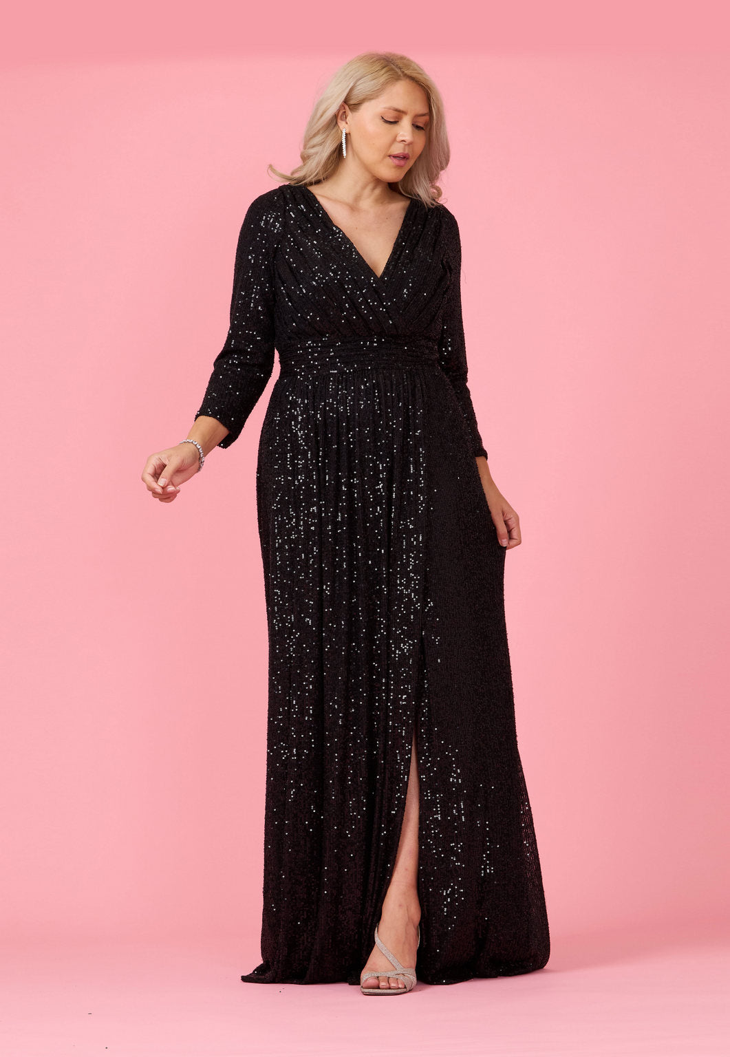 Long Sleeve Sequin Formal Hand Beaded Prom Dress – Charcoal