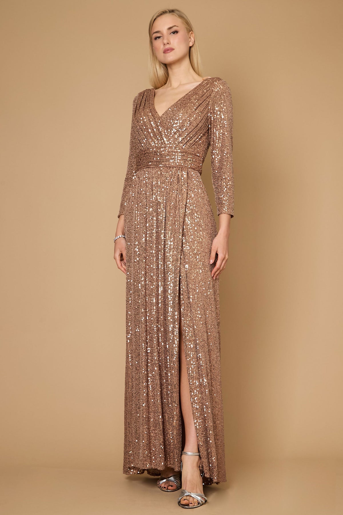 Long Sleeve Sequin Formal Hand Beaded Prom Dress – Navy