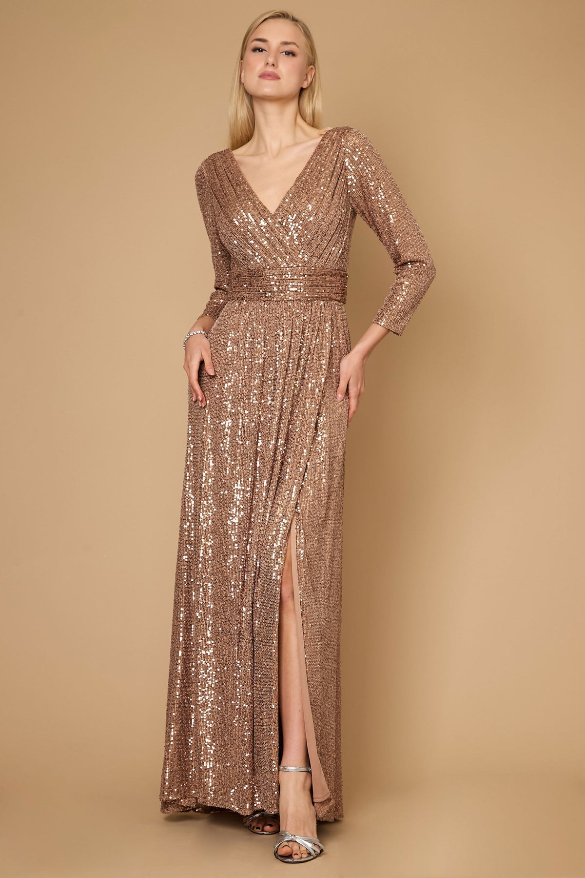 Long Sleeve Sequin Formal Hand Beaded Prom Dress – Navy