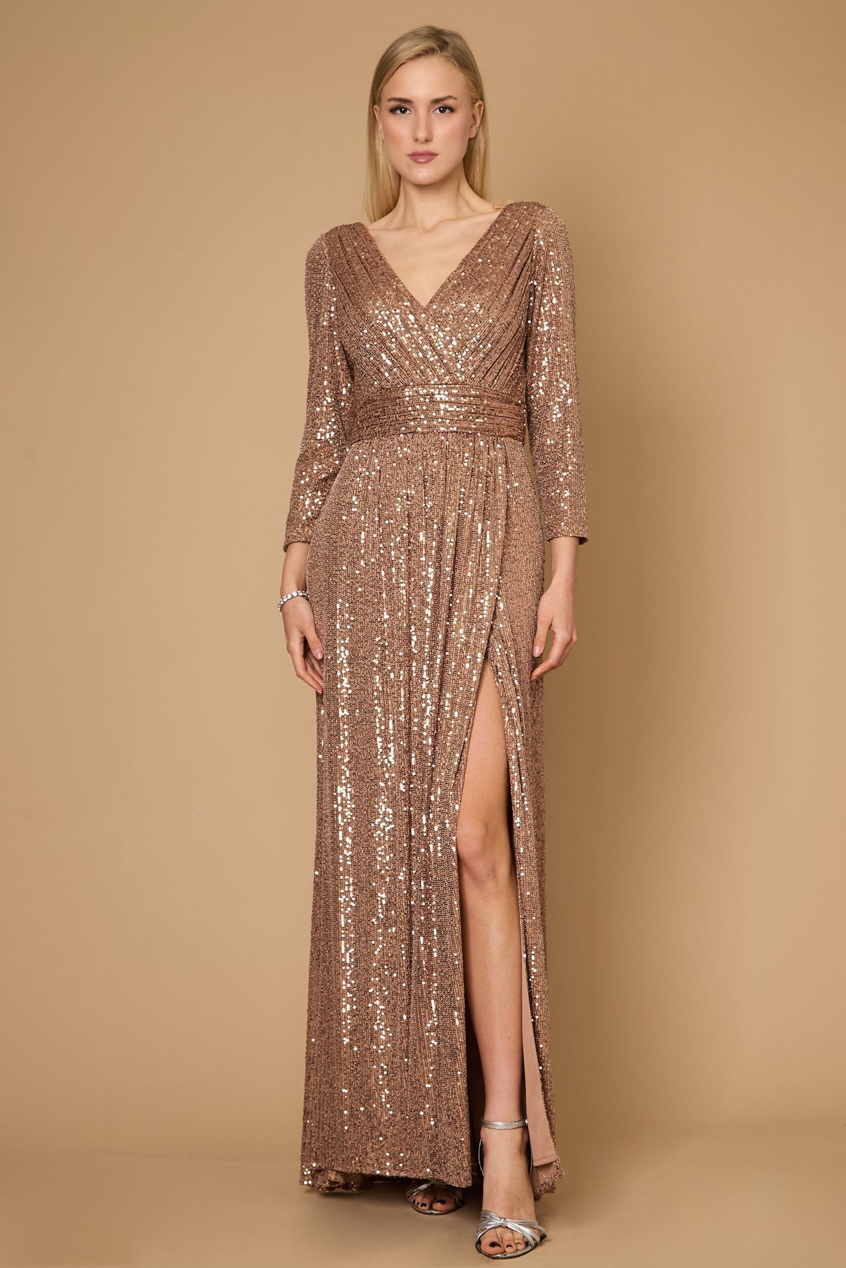 Long Sleeve Sequin Formal Hand Beaded Prom Dress – Navy