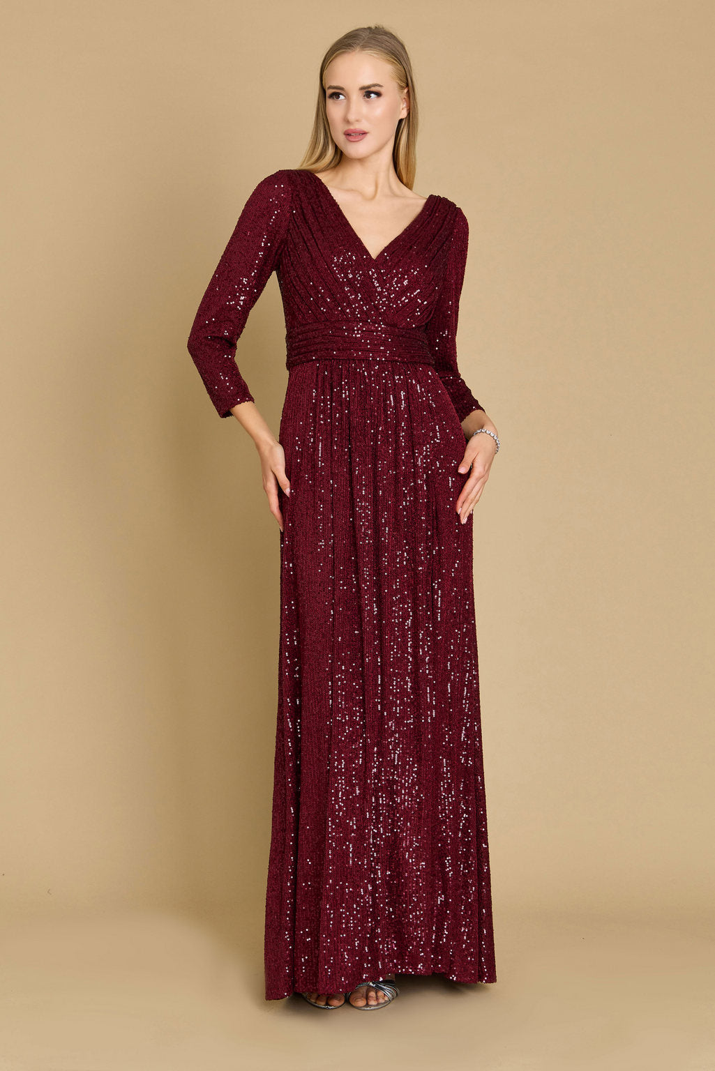 Long Sleeve Sequin Formal Hand Beaded Prom Dress – Navy