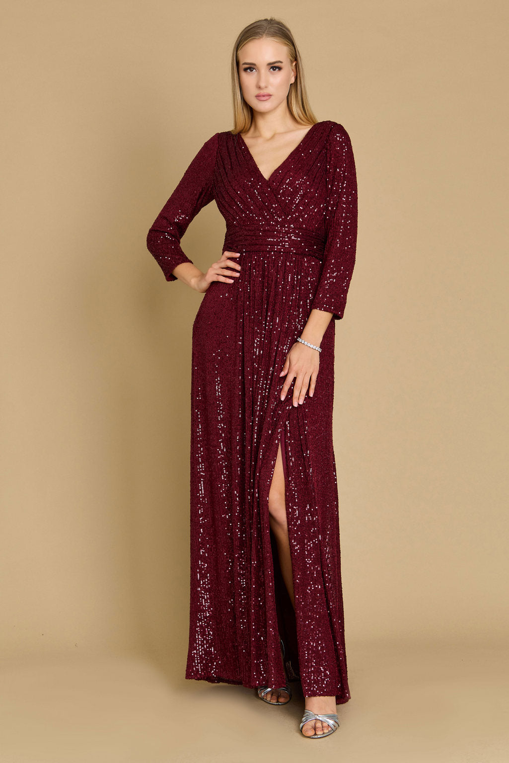 Long Sleeve Sequin Formal Hand Beaded Prom Dress – Navy