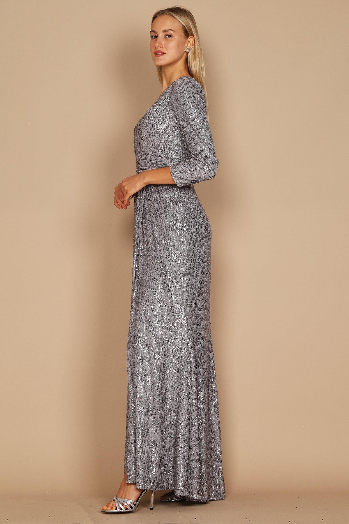 Long Sleeve Sequin Formal Hand Beaded Prom Dress – Charcoal