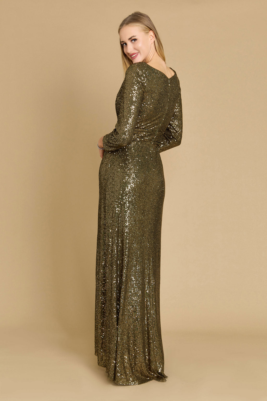 Long Sleeve Sequin Formal Hand Beaded Prom Dress – Navy