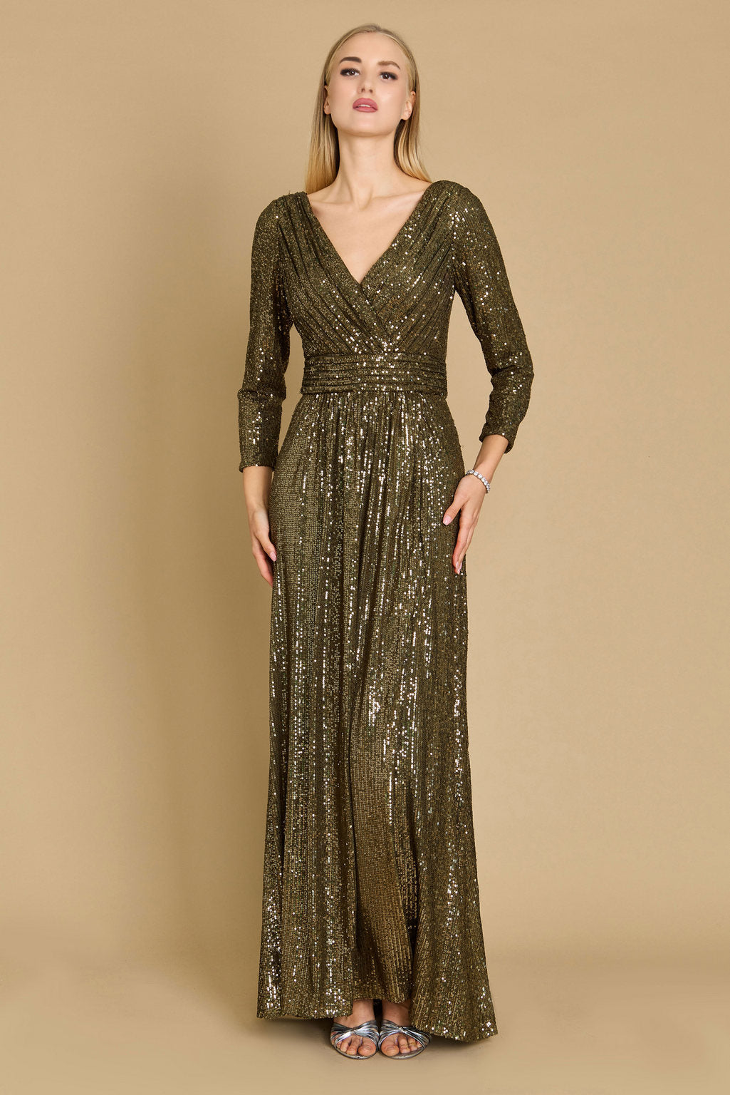 Long Sleeve Sequin Formal Hand Beaded Prom Dress – Navy