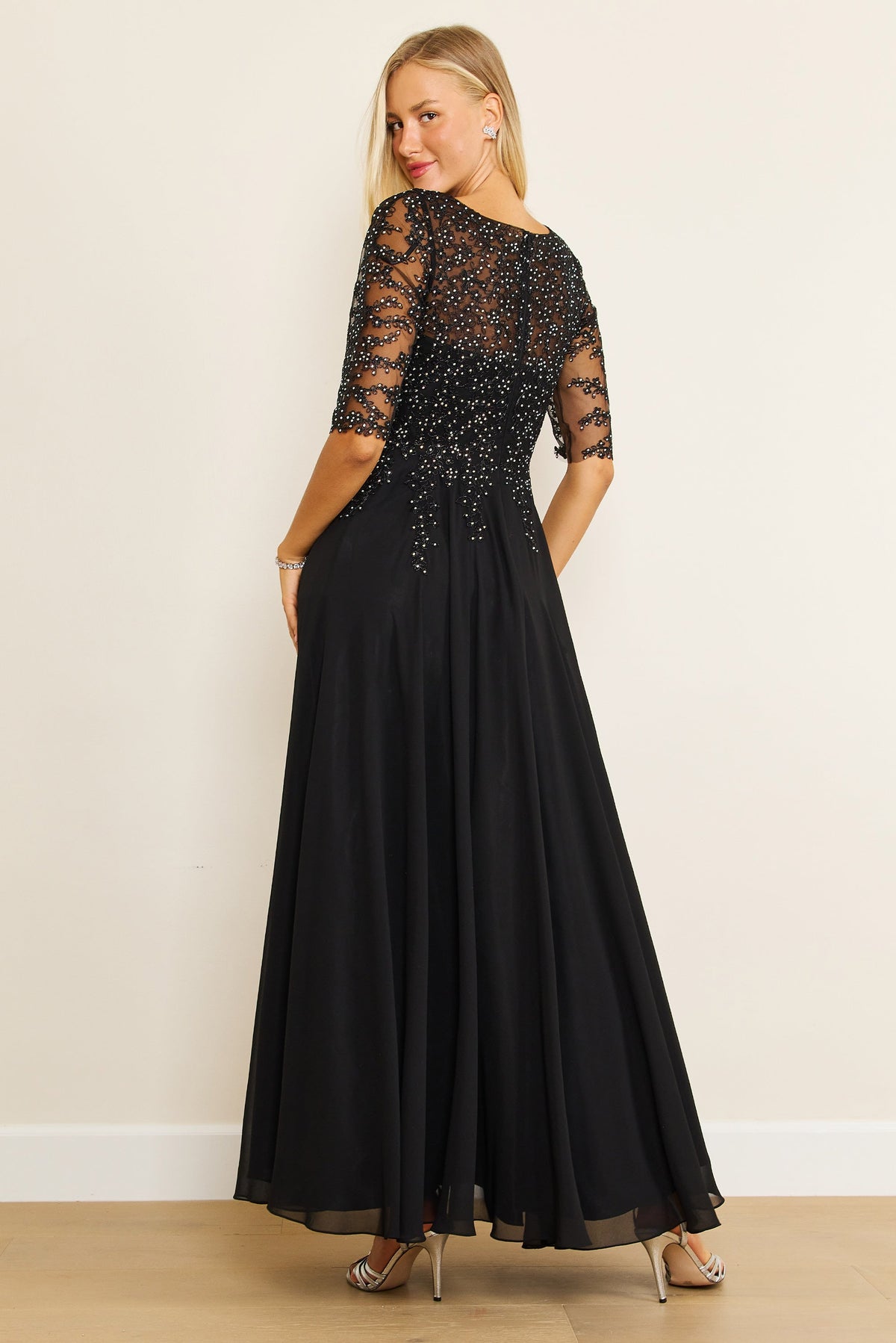 Long Sleeve Chiffon Formal Evening Dress – Black