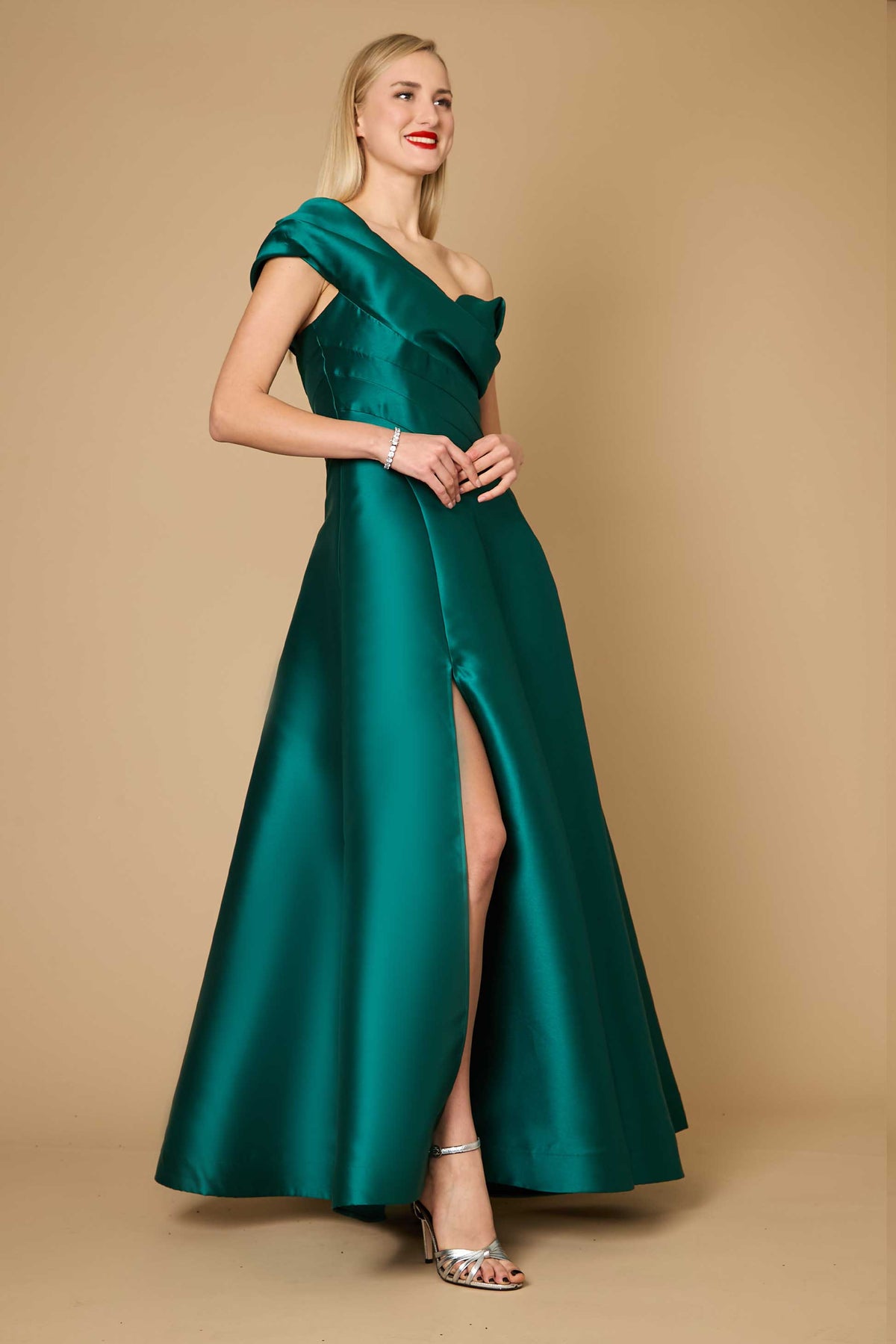 Satin One Shoulder Long Prom Ball Gown Evening Dress – Black