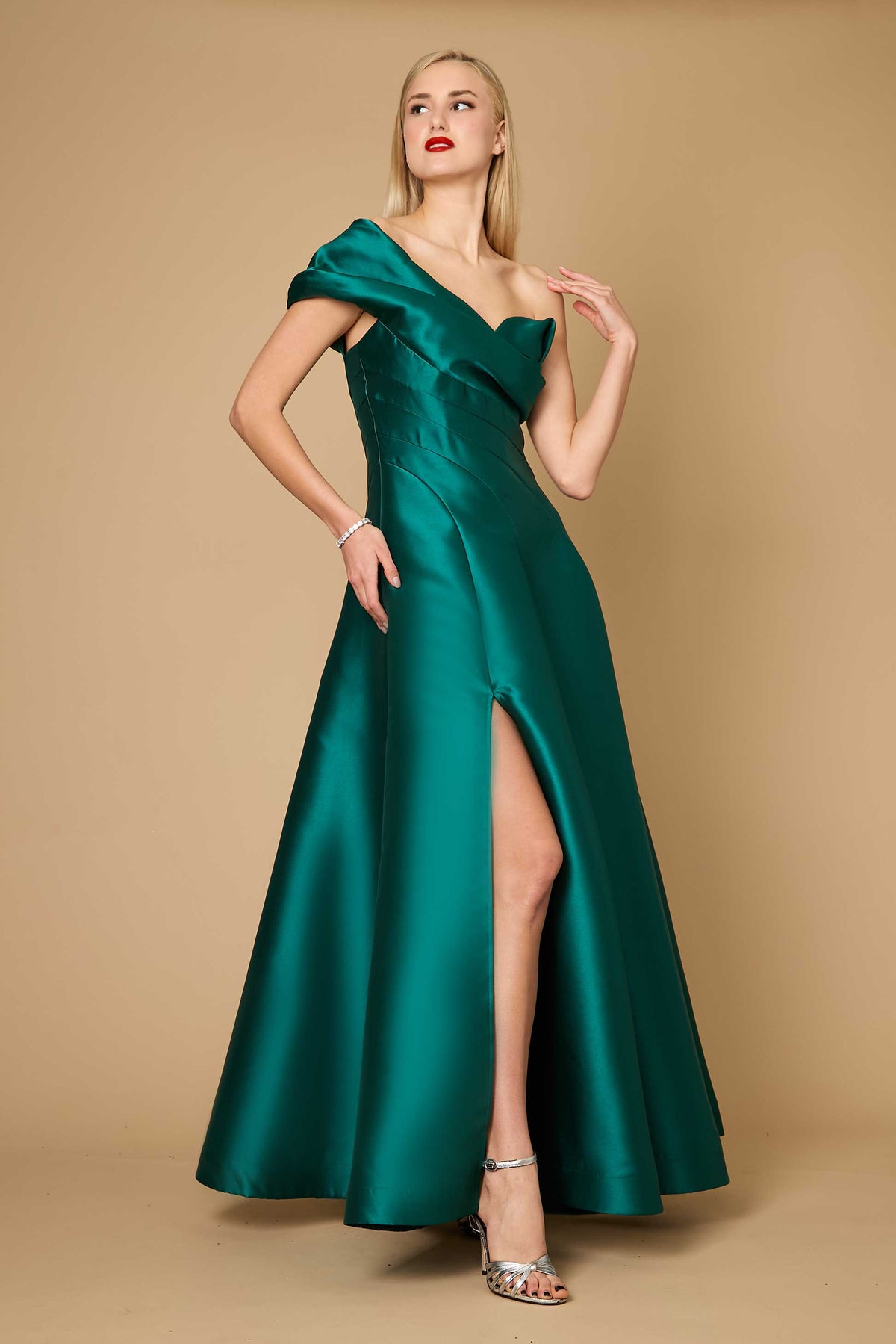 Satin One Shoulder Long Prom Ball Gown Evening Dress – Black