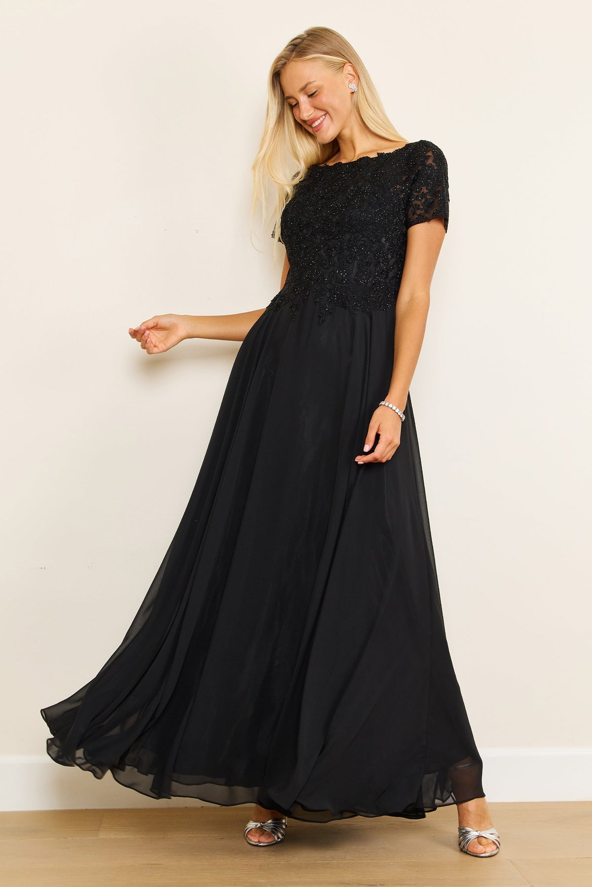 Chiffon Short Sleeve Mother Of The Bride Evening Dress – Charcoal