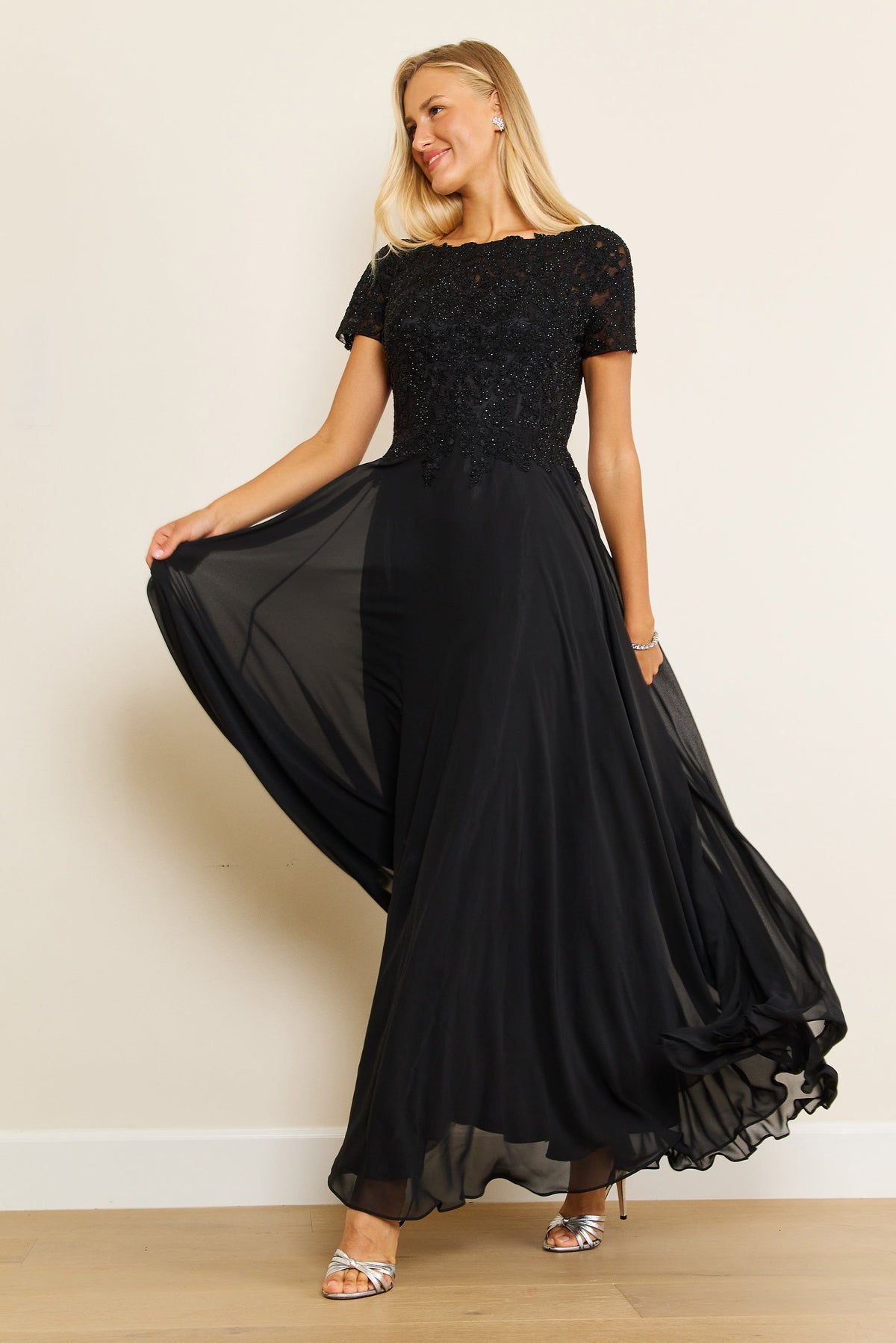 Chiffon Short Sleeve Mother Of The Bride Evening Dress – Charcoal