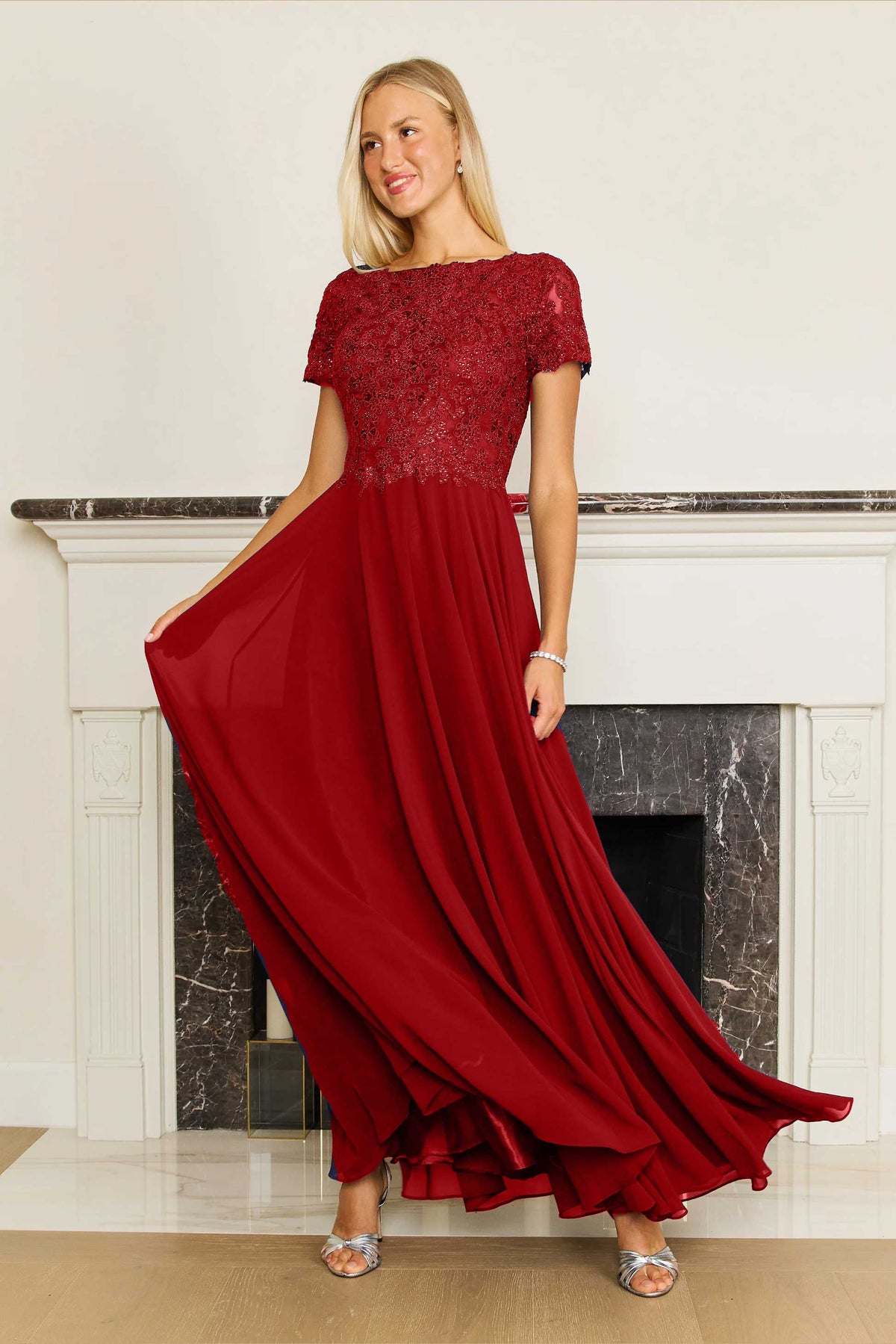 Chiffon Short Sleeve Mother Of The Bride Evening Dress – Burgundy