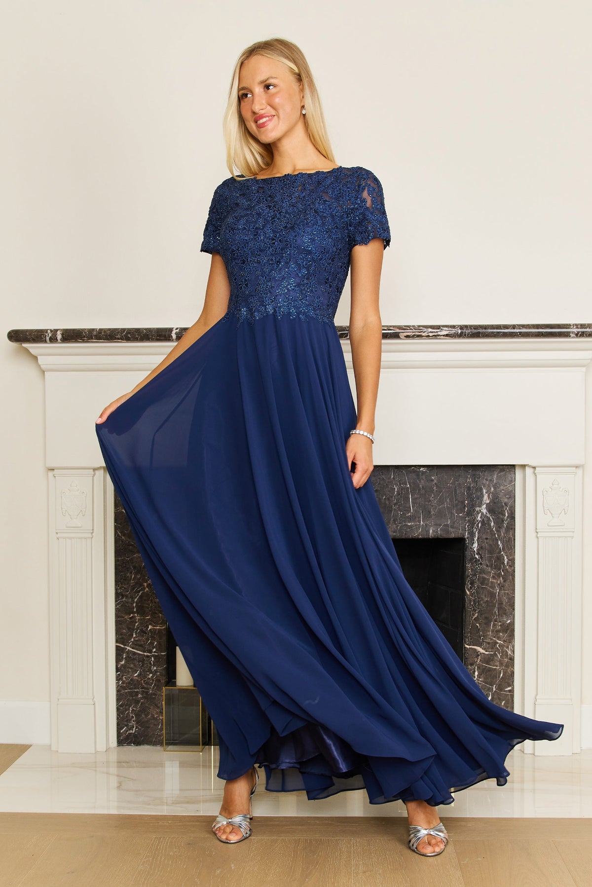 Chiffon Short Sleeve Mother Of The Bride Evening Dress – Charcoal
