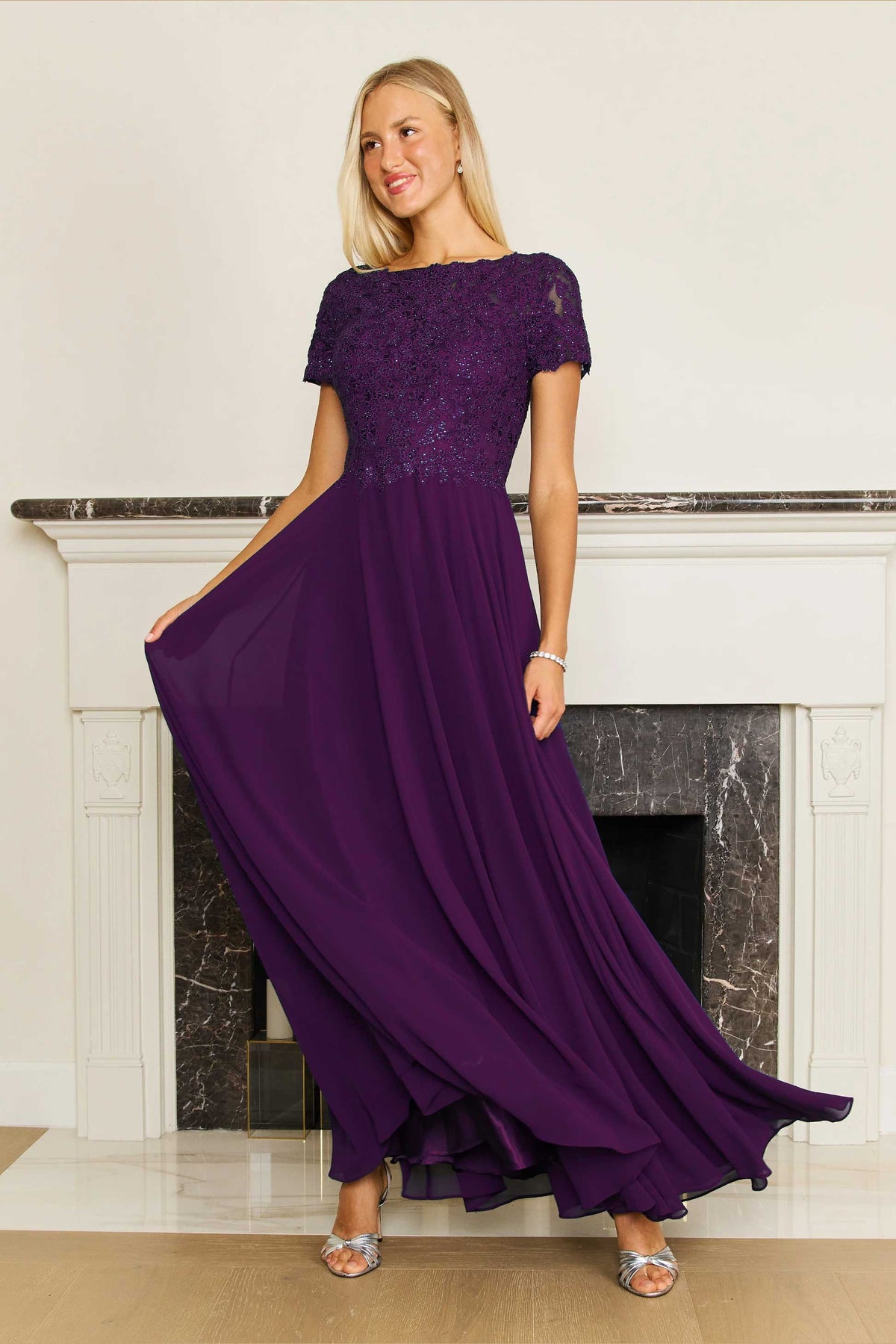 Chiffon Short Sleeve Mother Of The Bride Evening Dress – Navy