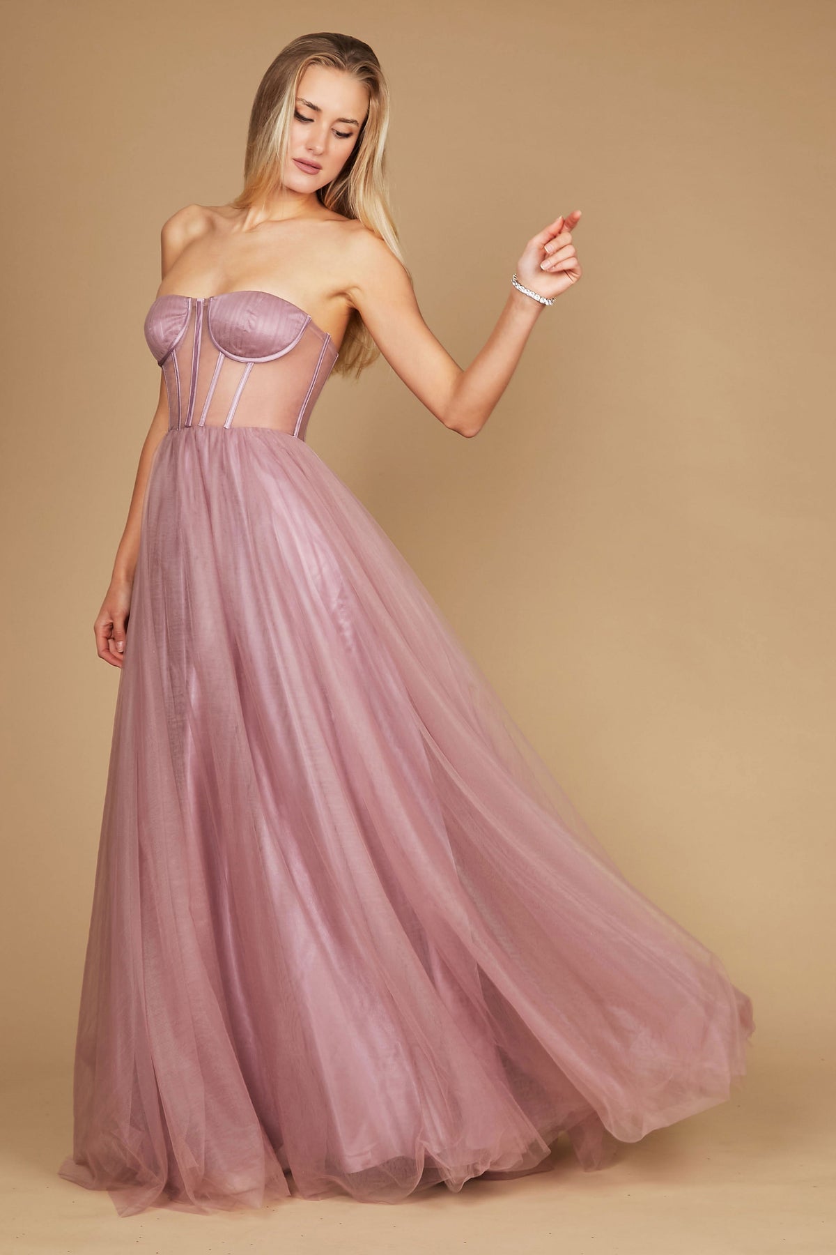 A-line Strapless Floor Length Strapless Tulle Prom Dress – Navy