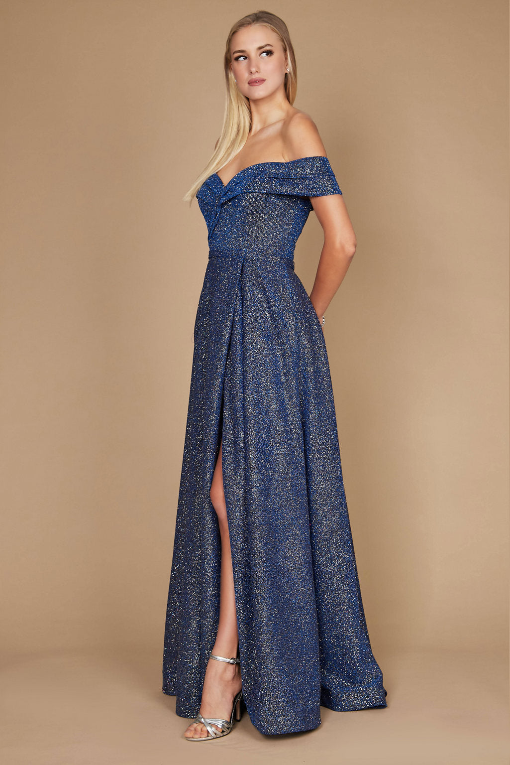 Long Off-the-Shoulder Glitter Prom Dress – Mauve