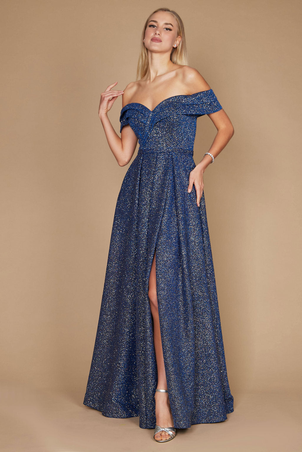 Long Off-the-Shoulder Glitter Prom Dress – Eggplant