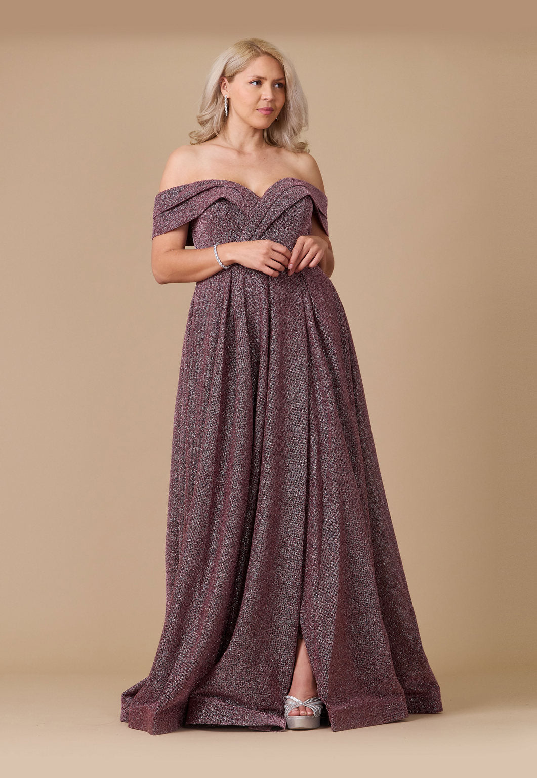 Long Off-the-Shoulder Glitter Prom Dress – Eggplant