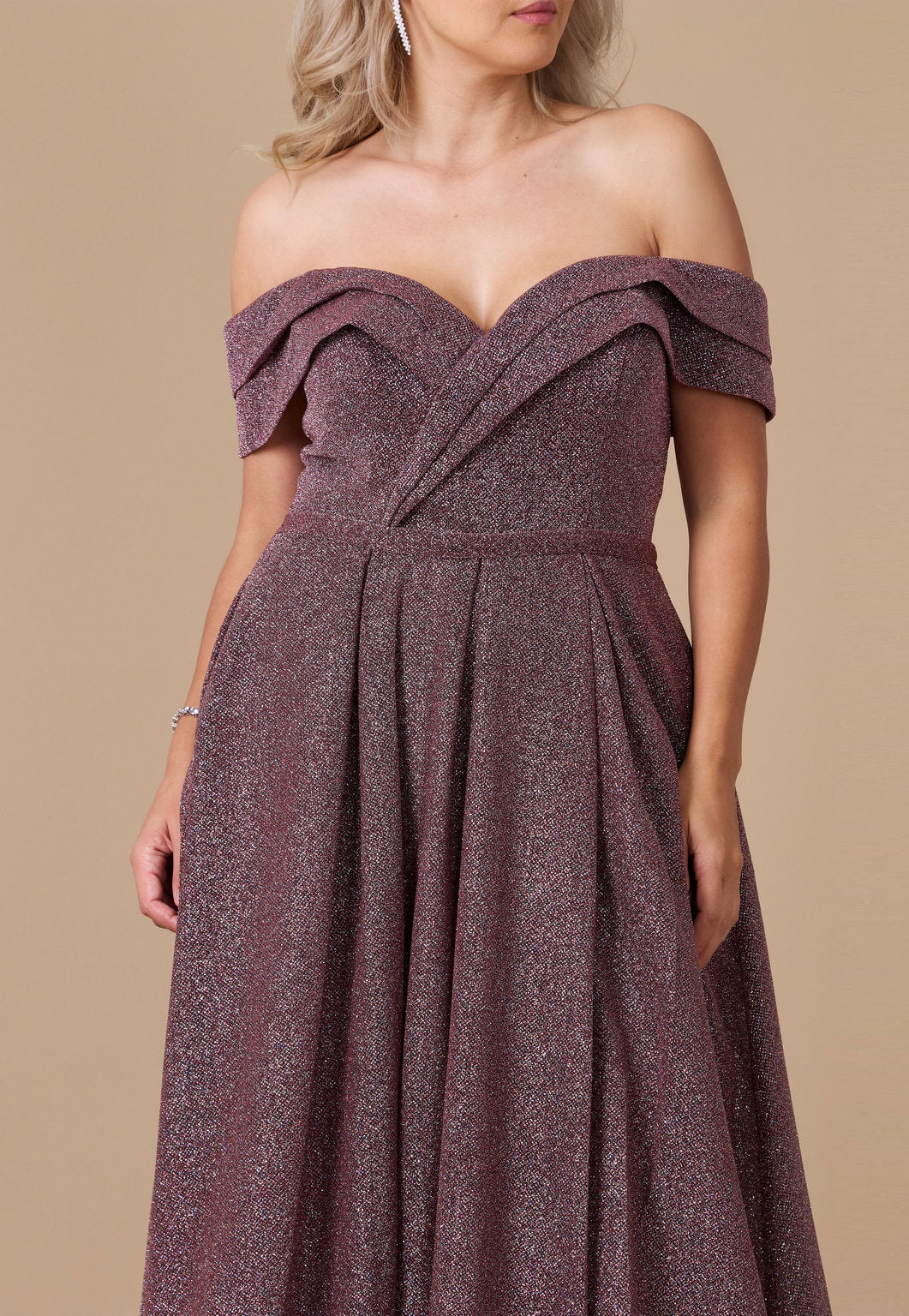 Long Off-the-Shoulder Glitter Prom Dress – Eggplant