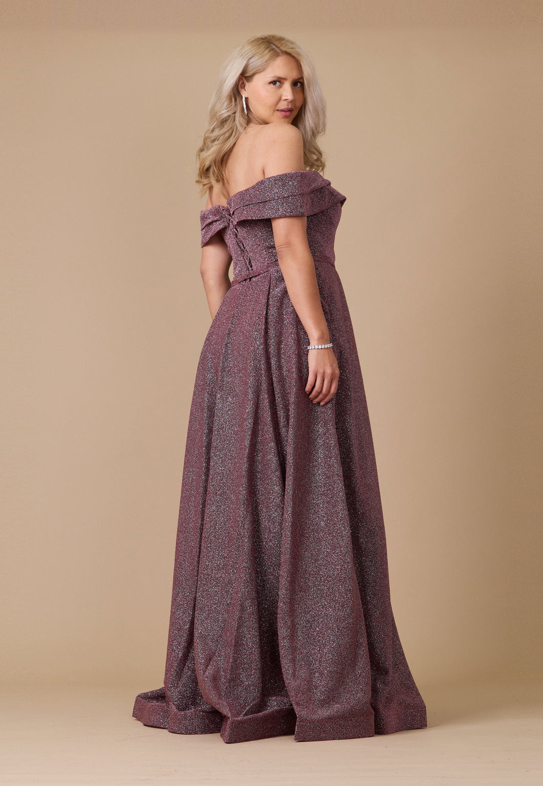 Long Off-the-Shoulder Glitter Prom Dress – Eggplant