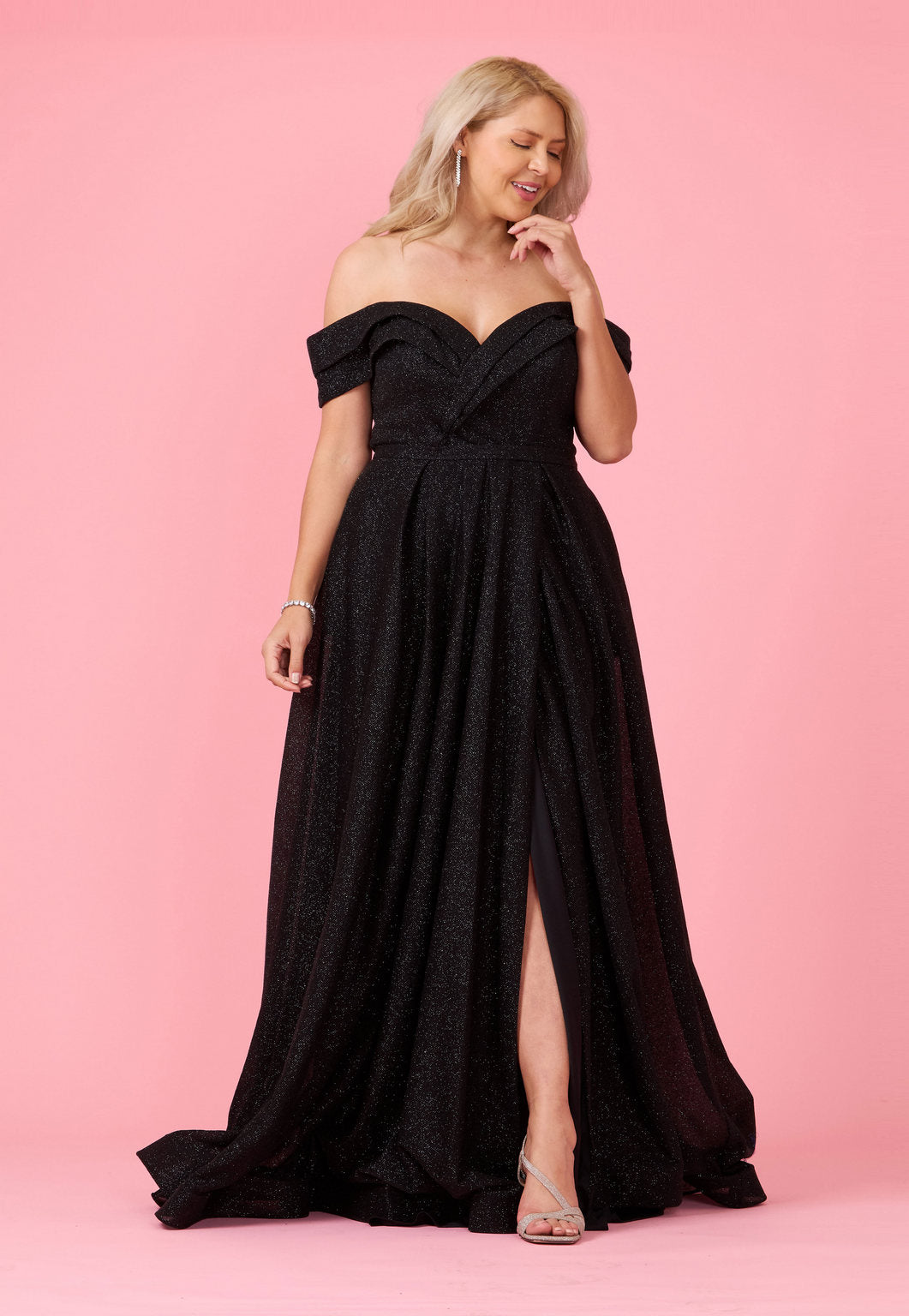 Long Off-the-Shoulder Glitter Prom Dress – Eggplant