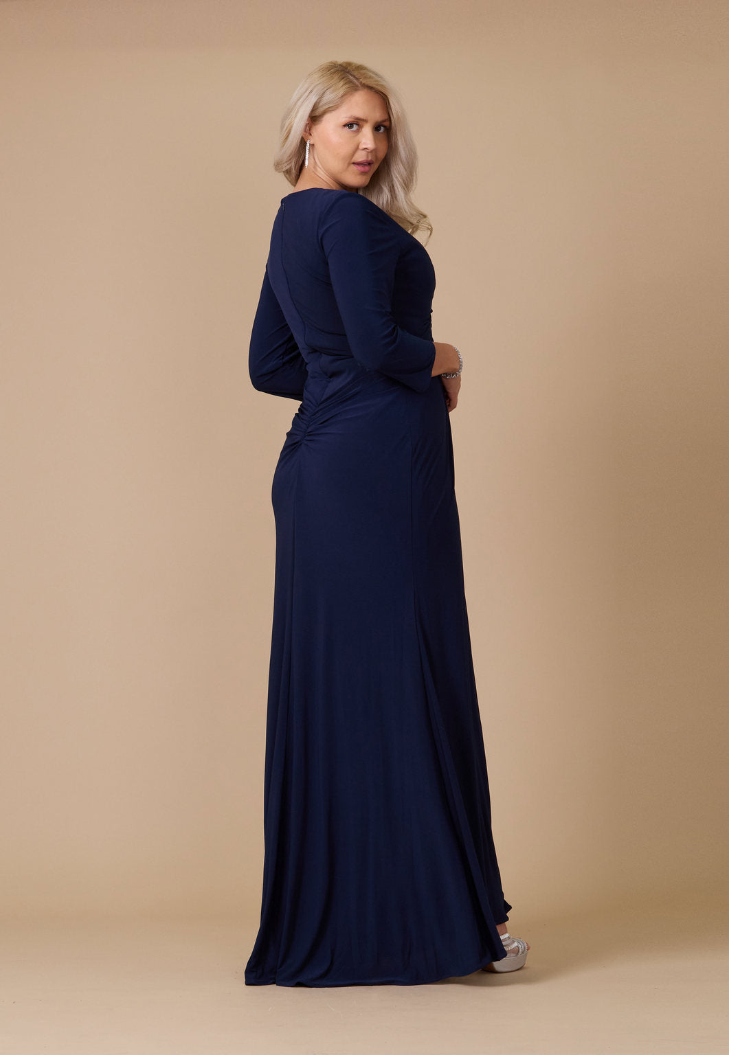 Long Formal Stretch Jersey Evening Long Sleeve Dress – Navy