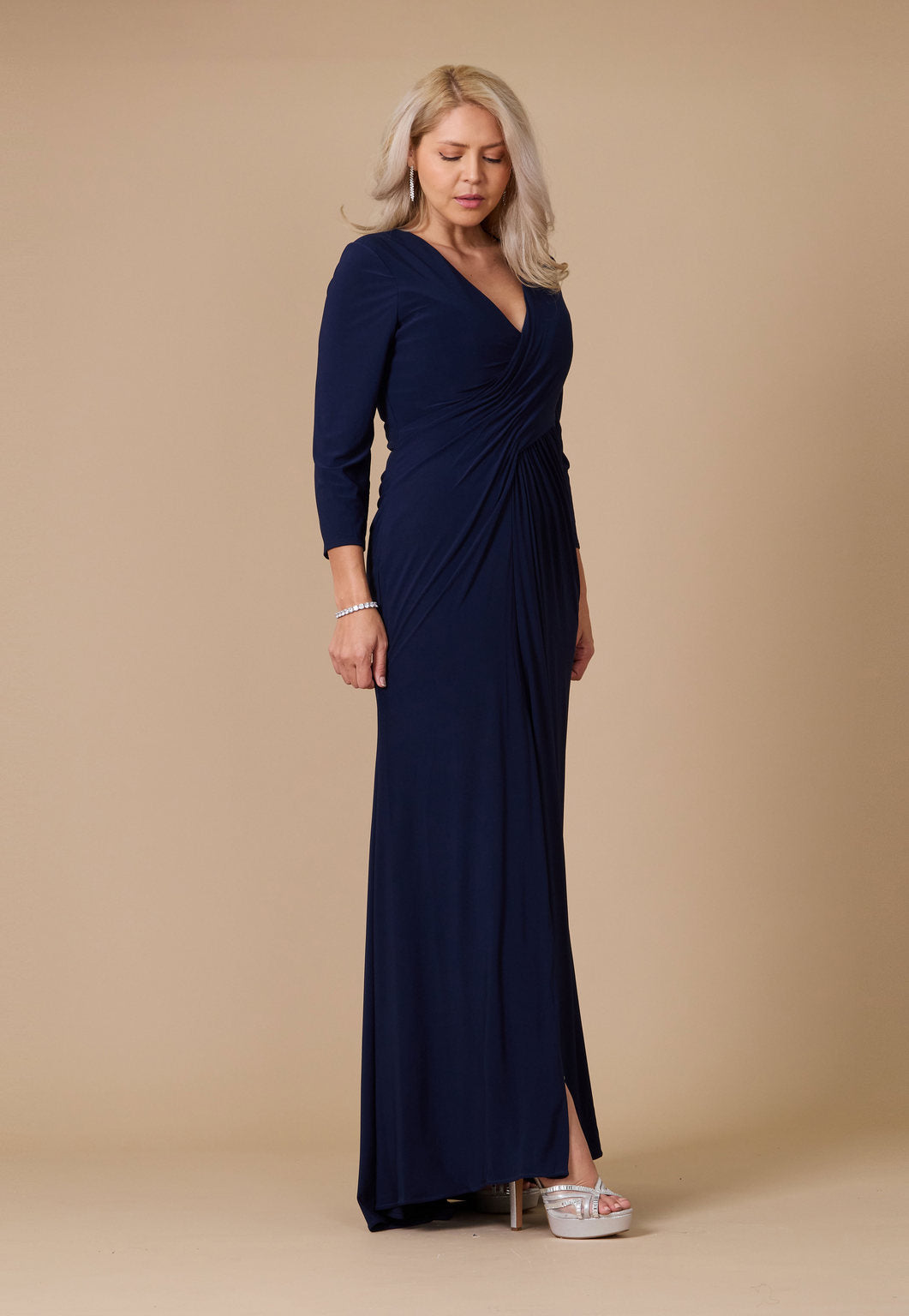 Long Formal Stretch Jersey Evening Long Sleeve Dress – Navy
