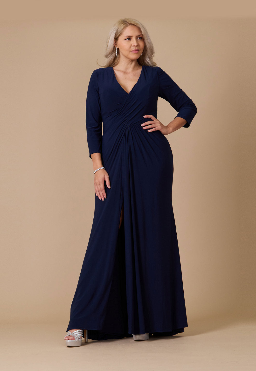 Long Formal Stretch Jersey Evening Long Sleeve Dress – Navy