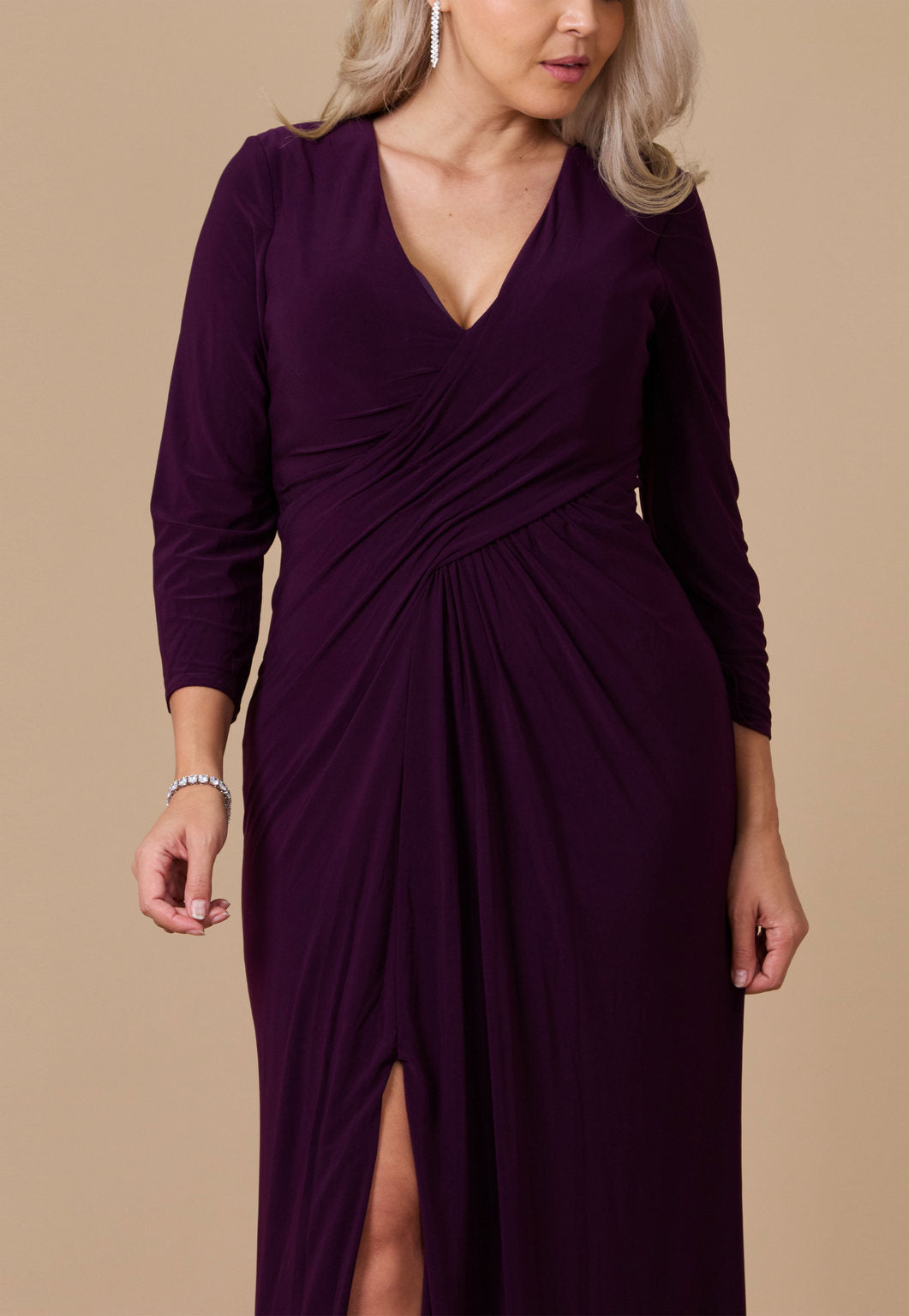 Long Formal Stretch Jersey Evening Long Sleeve Dress – Navy
