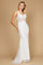 A stunning white formal prom dress featuring a sequin corset bodice, elegantly designed to enhance the silhouette with shimmering details.