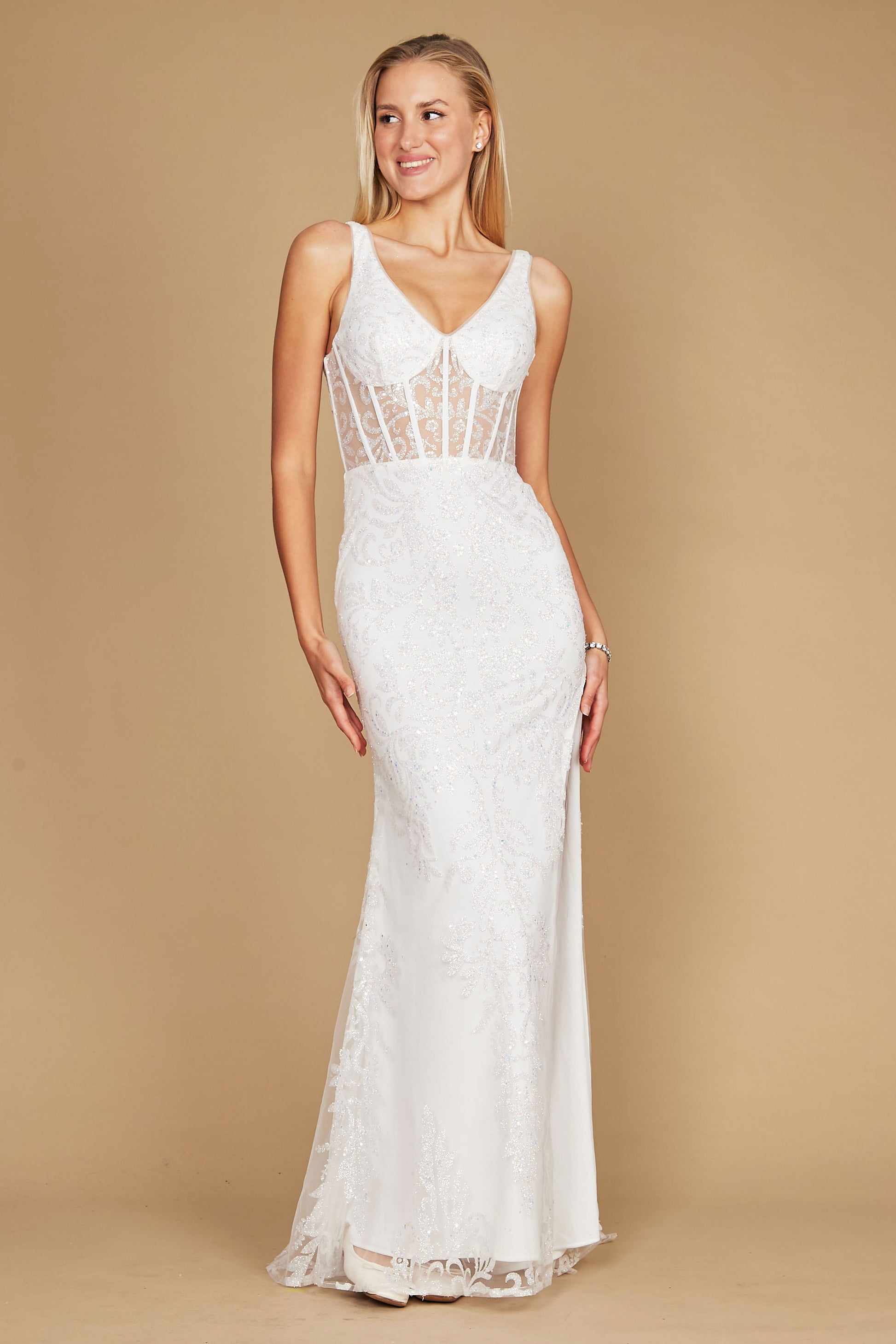 A stunning white formal prom dress featuring a sequin corset bodice, elegantly designed to enhance the silhouette with shimmering details.