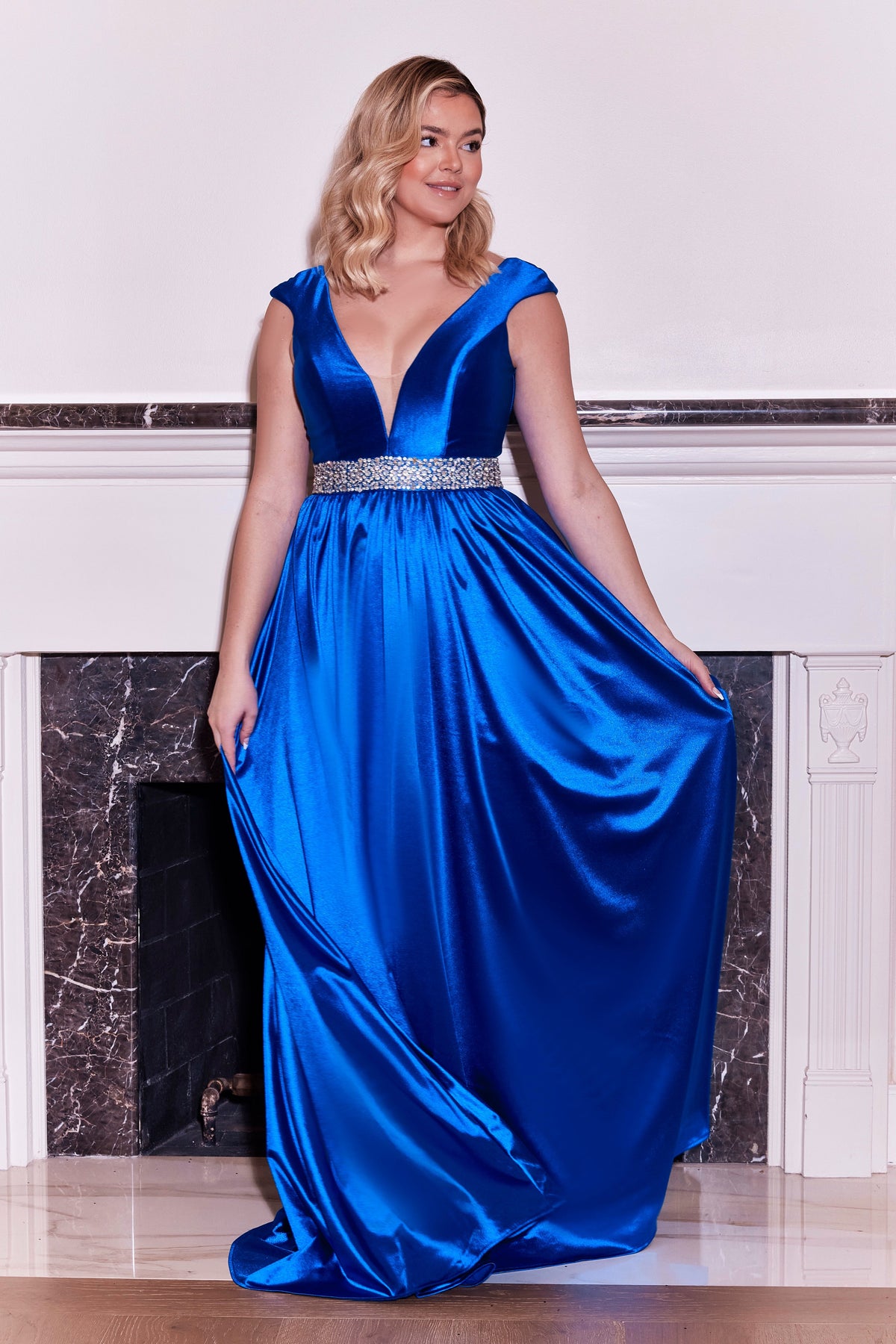 Long Formal Royal Blue Hand Beaded Belt Dress – Royal Blue