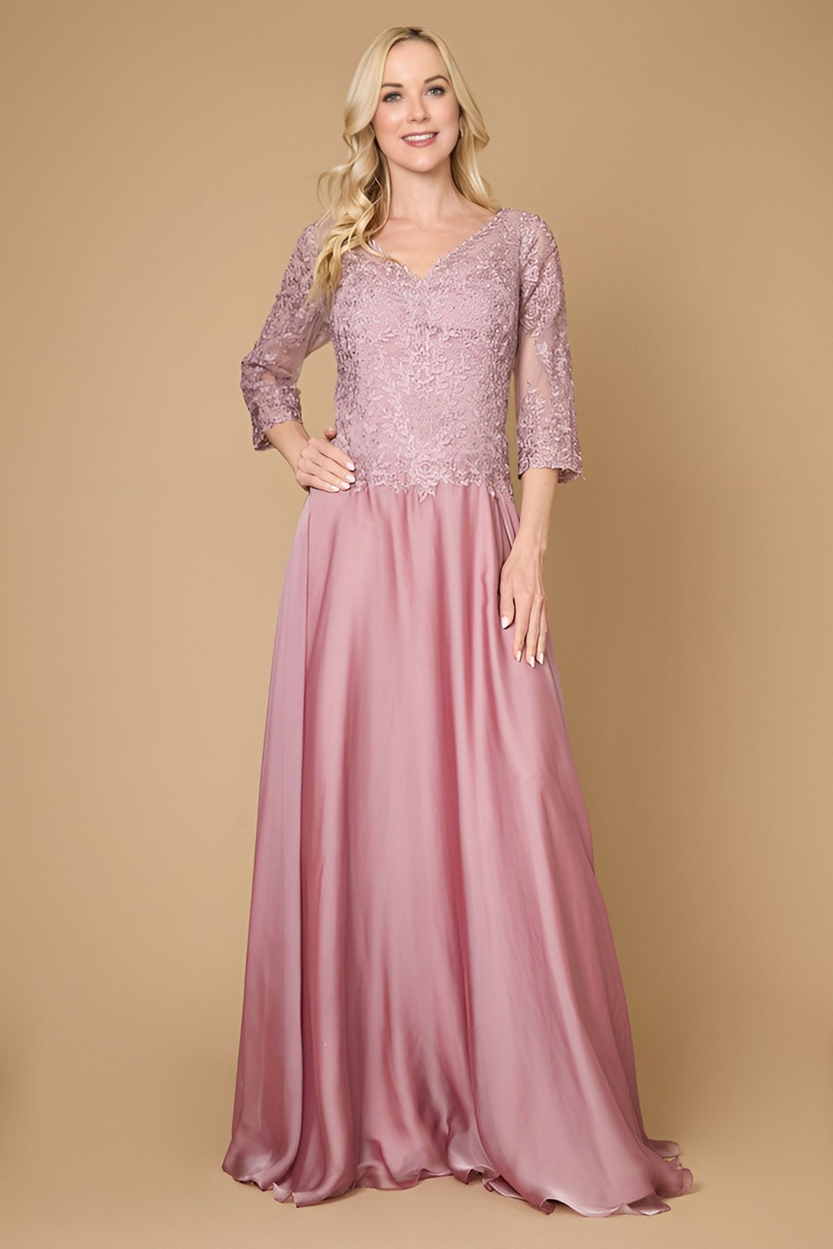 Long Sleeve Formal Mother of the Bride Lace Dress – Mauve