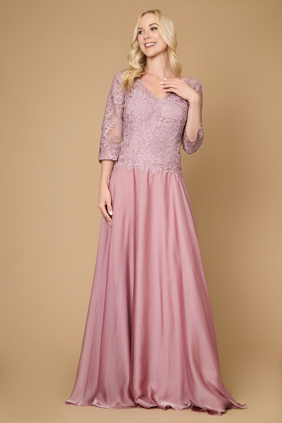 Long Sleeve Formal Mother of the Bride Lace Dress – Mauve