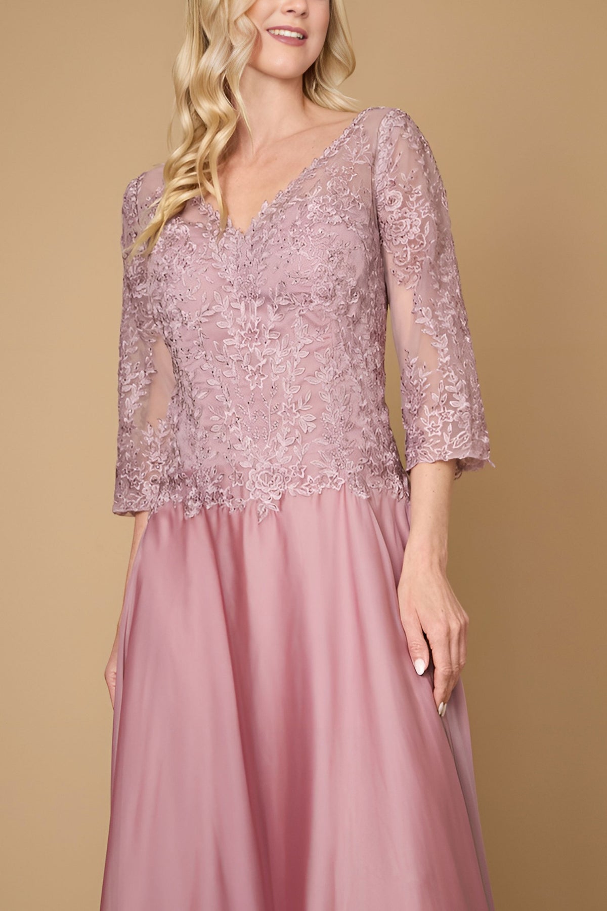 Long Sleeve Formal Mother of the Bride Lace Dress – Mauve
