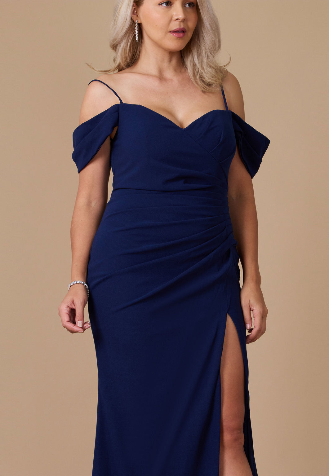 Long Formal Off-the-Shoulder Wrap Evening Dress – Navy