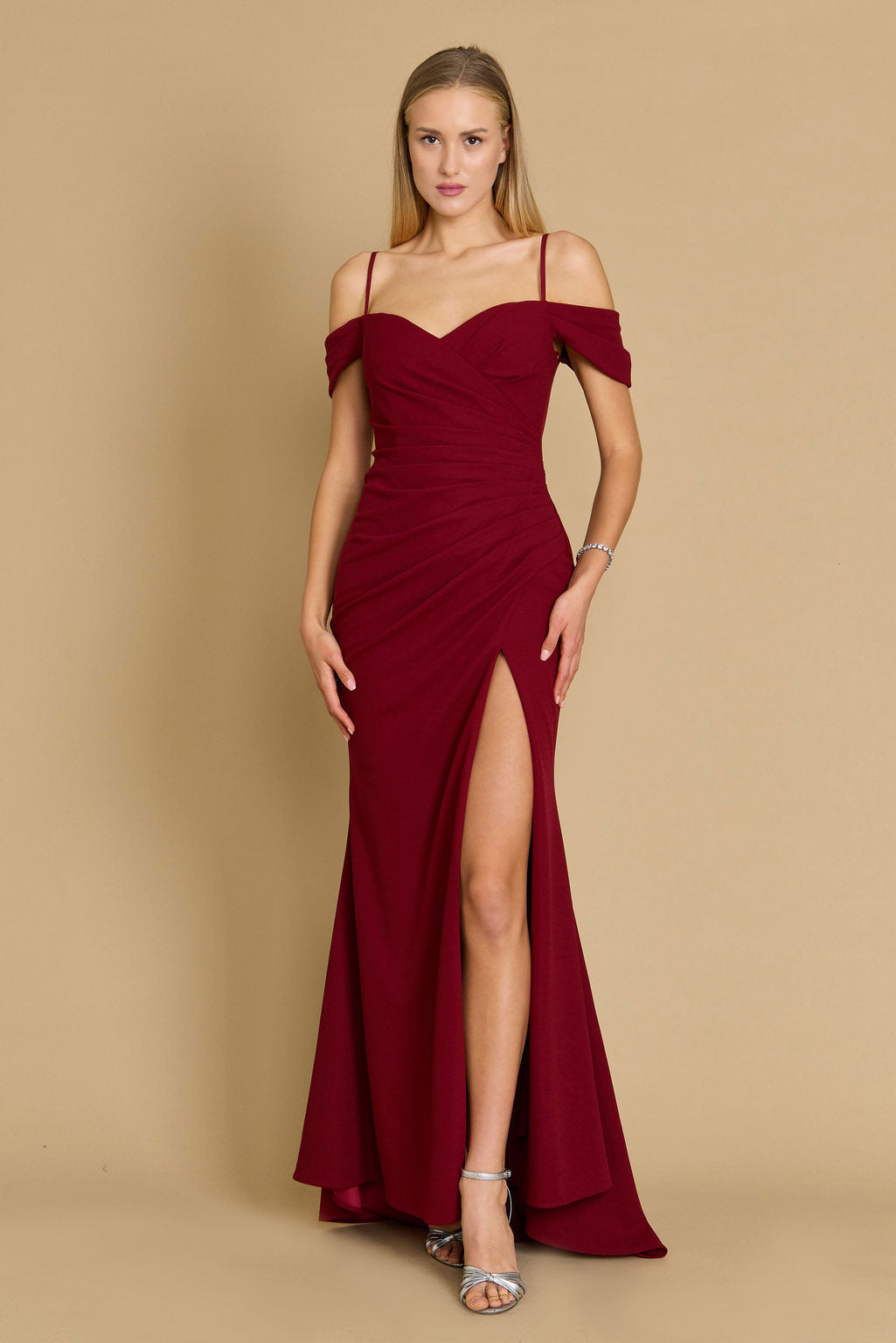 Long Formal Off-the-Shoulder Wrap Evening Dress – Mauve