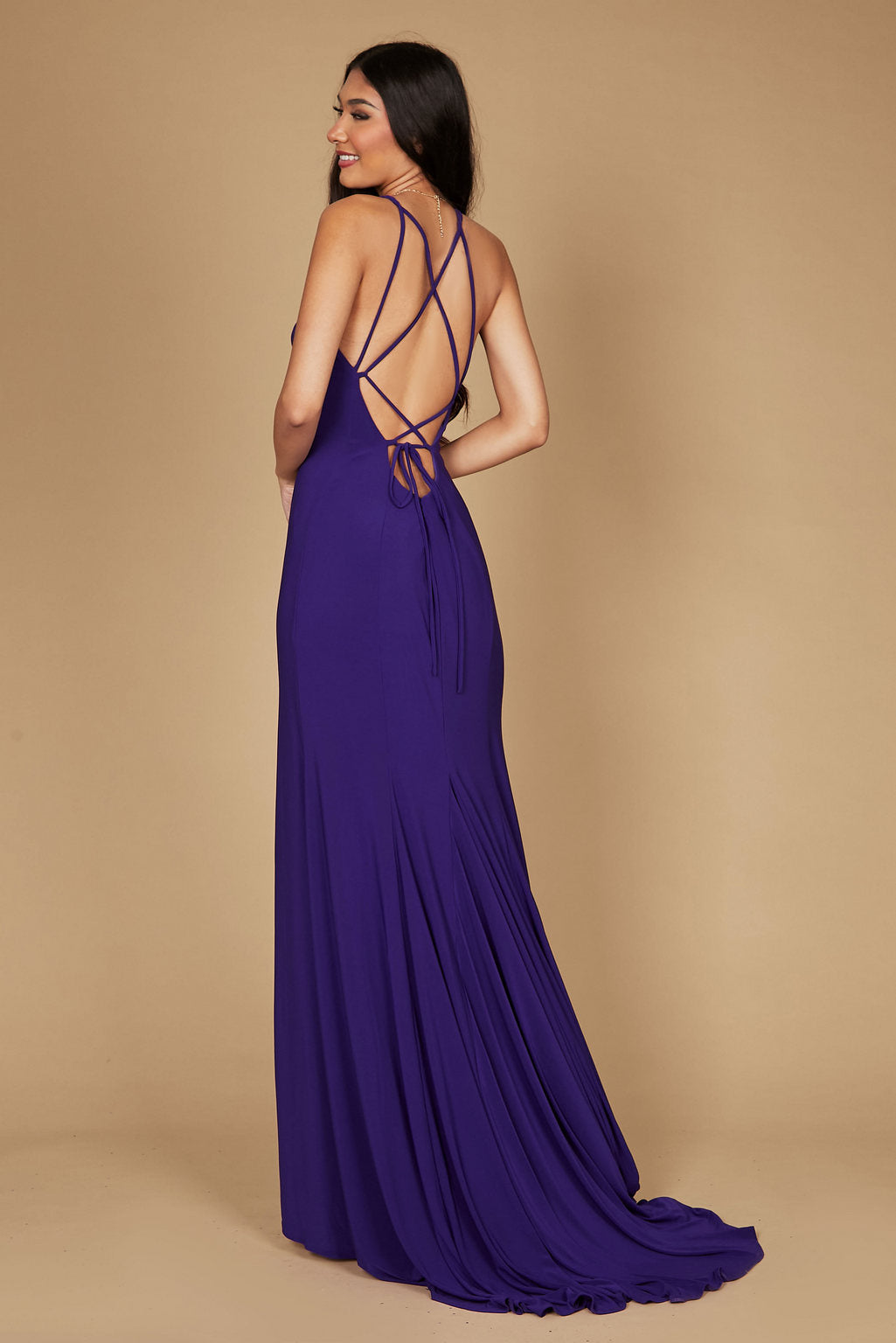Long Fitted Open Back Jersey Prom Dress – Navy