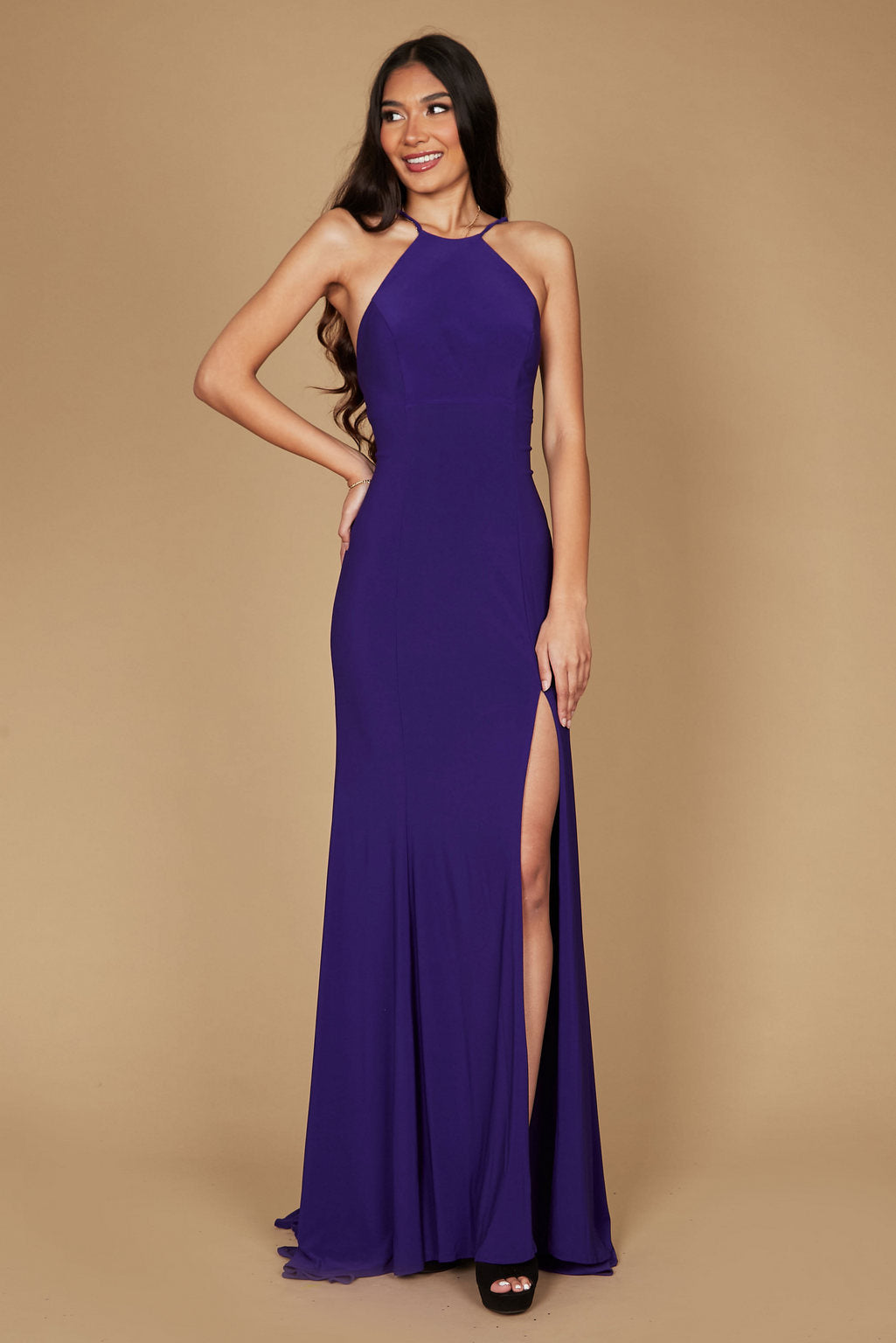 Long Fitted Open Back Jersey Prom Dress – Navy