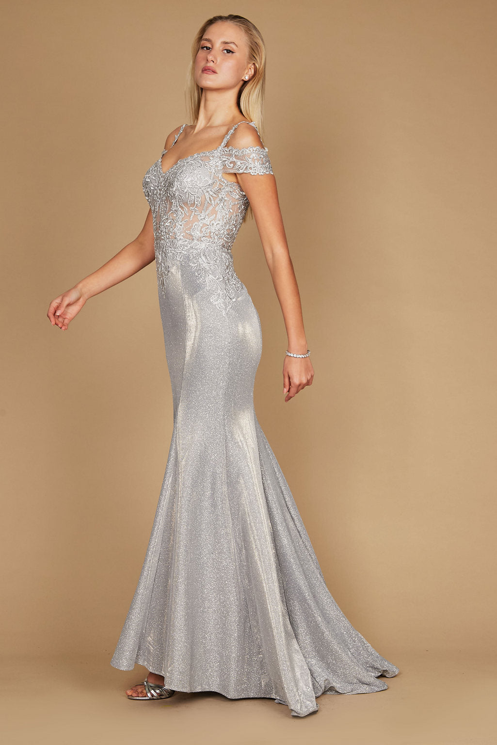 Long Off-the-Shoulder Lace Formal Evening Dress – Silver