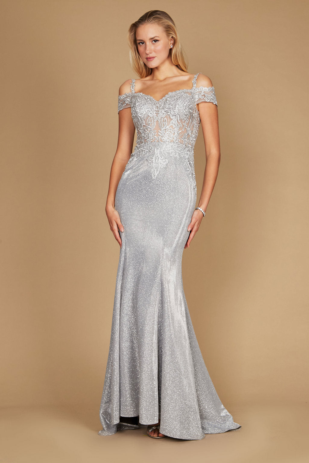 Long Off-the-Shoulder Lace Formal Evening Dress – Silver