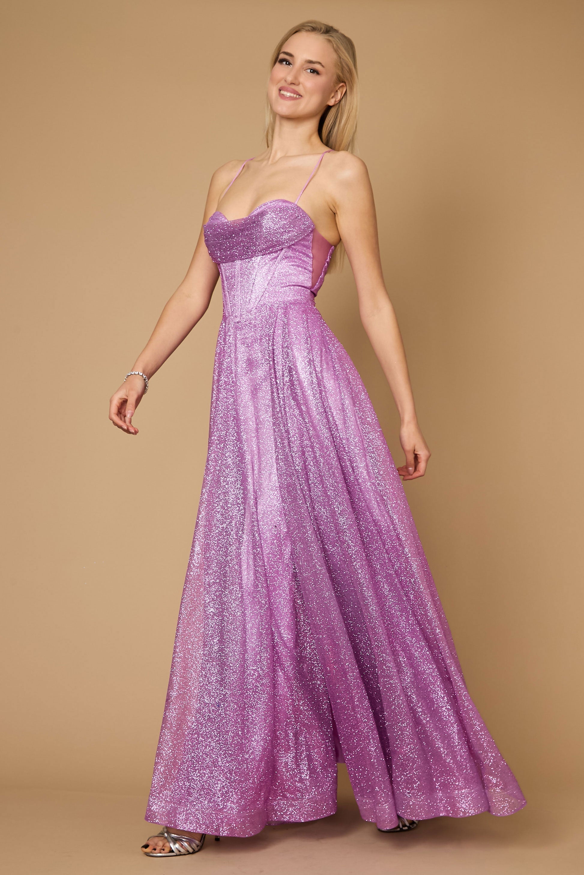 A stunning mauve prom dress featuring a long, sparkling cowl neckline and a fitted corset bodice, elegantly flowing into a full skirt that shimmers with every movement.