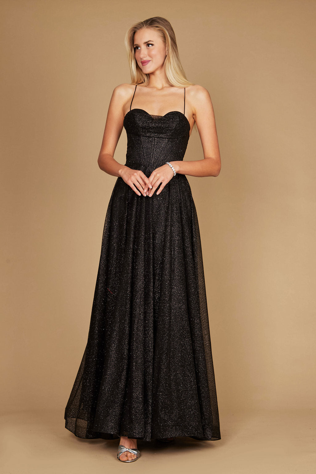 Long Sparkling Cowl Corset Prom Dress – Charcoal