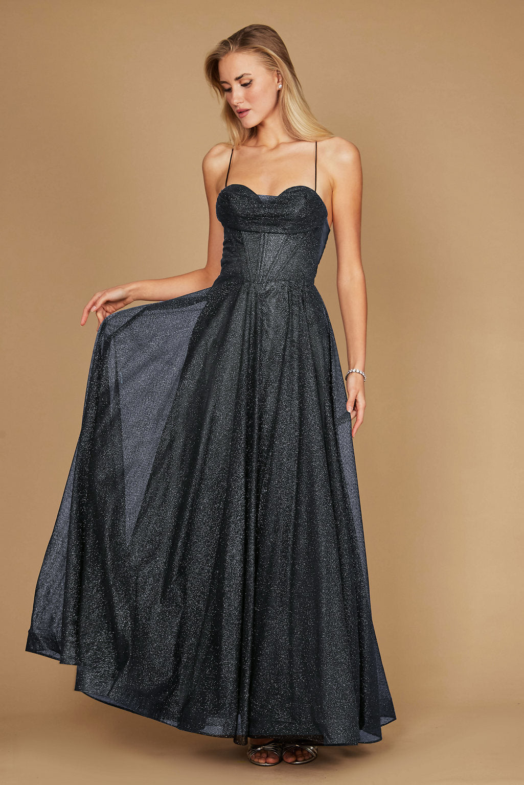 Long Sparkling Cowl Corset Prom Dress – Charcoal